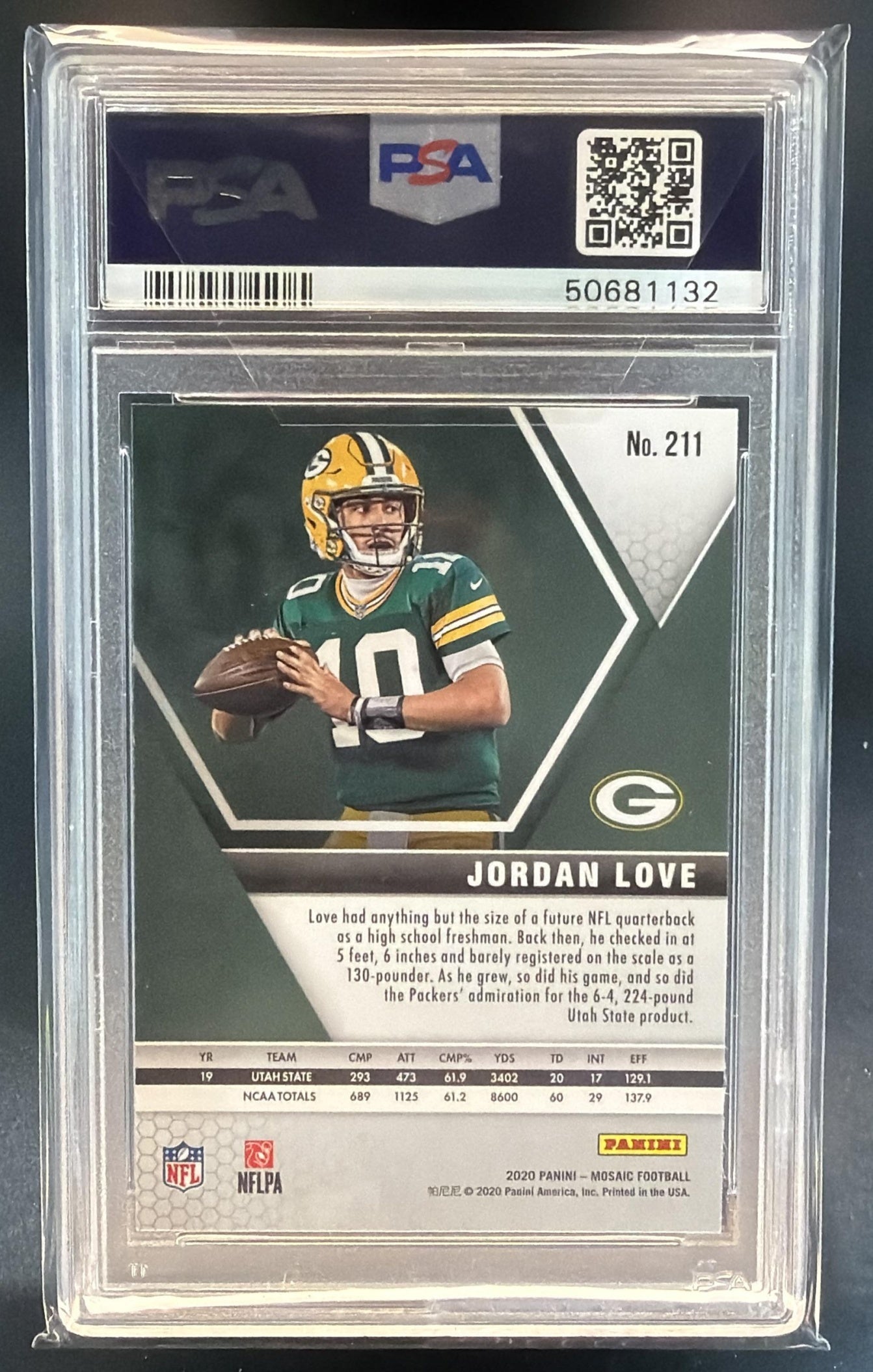 2020 Panini Mosaic Jordan Love #211 RC Packers PSA 10 — back