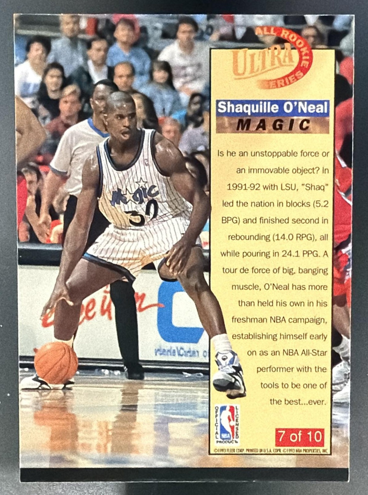 1992-93 Fleer Ultra Shaquille O'Neal #7 All Rookie Series RC Magic — back