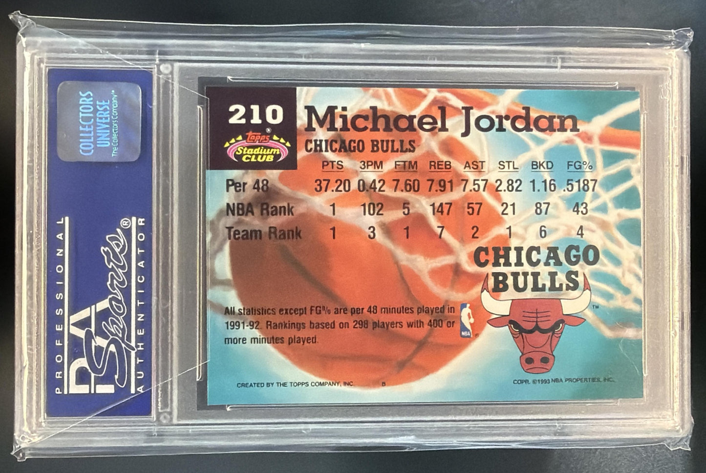 1992-93 Topps Stadium Club Michael Jordan #210 Bulls PSA 8 — back