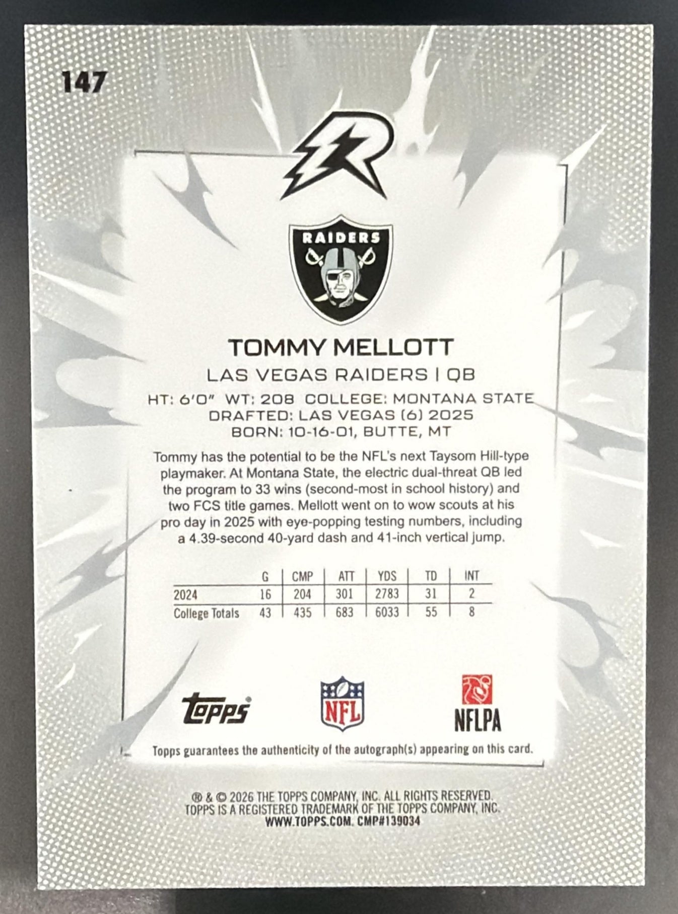 2025 Topps Resurgence Tommy Mellott Rookie Blue Surge Refractor /99 RC Auto — back