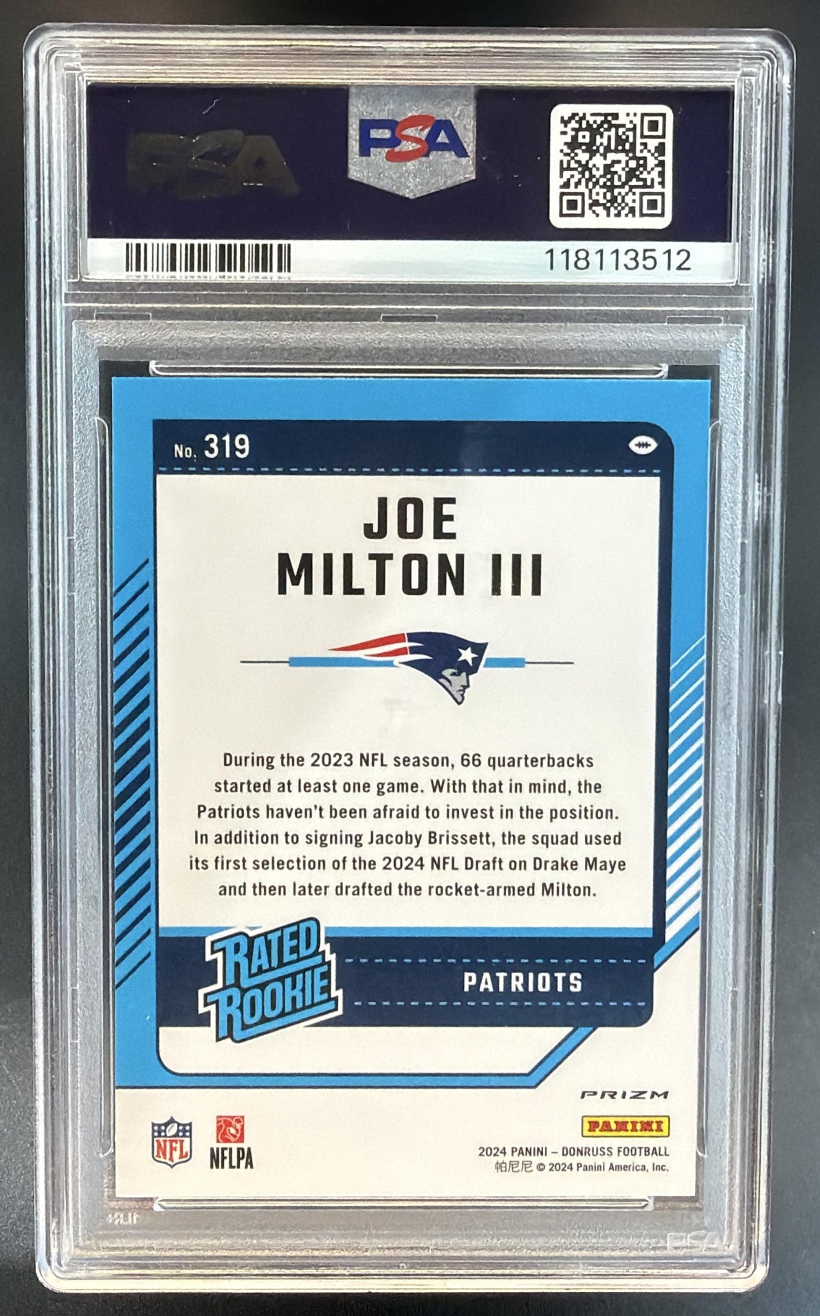 2024 Panini Donruss Joe Milton III Optic Rated Rookie Preview Red Pandora PSA 10 — back