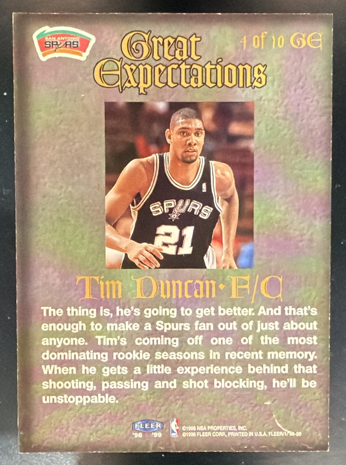 1998-99 Fleer Tradition Tim Duncan #4 GE Great Expectations Spurs — back
