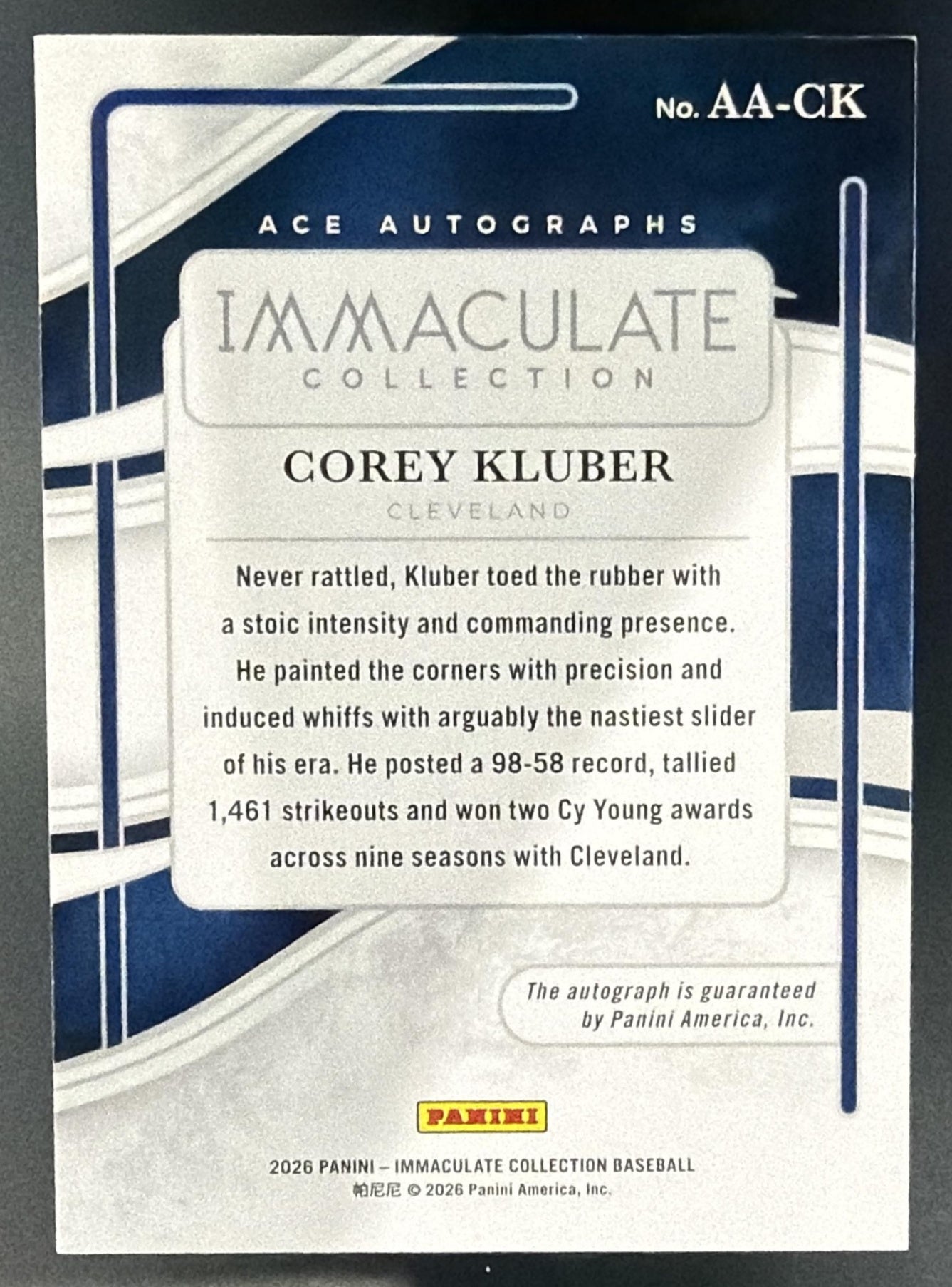 2026 Panini Immaculate Collection Corey Kluber #5 Ace Auto 78/99 — back
