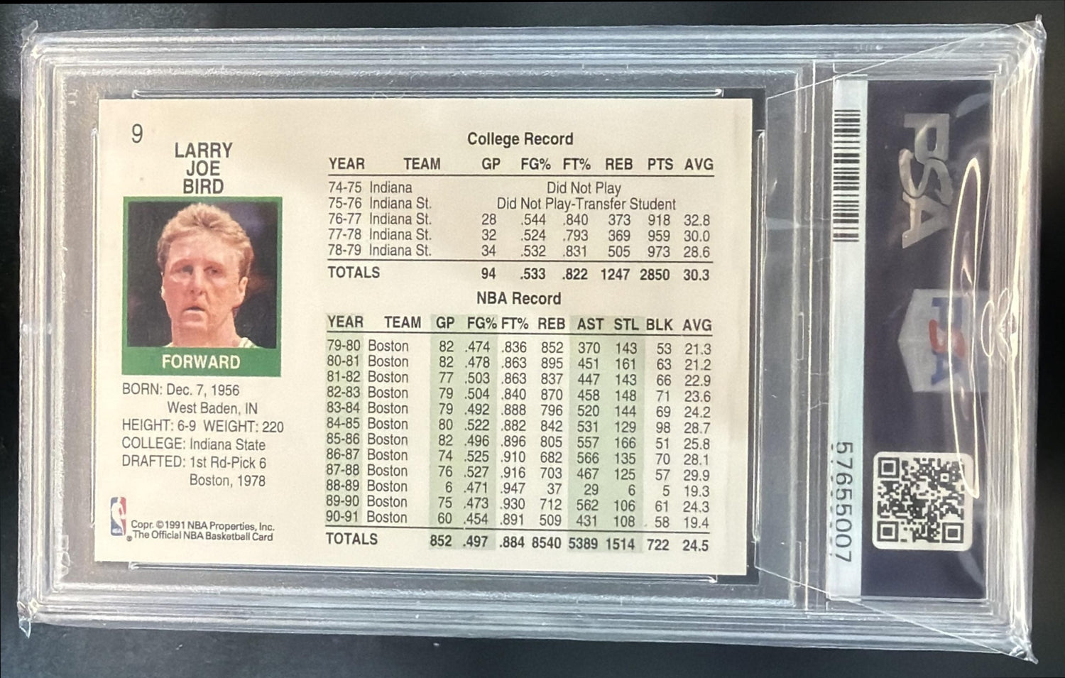 1991-92 Hoops Larry Bird #9 Celtics PSA 9 — back
