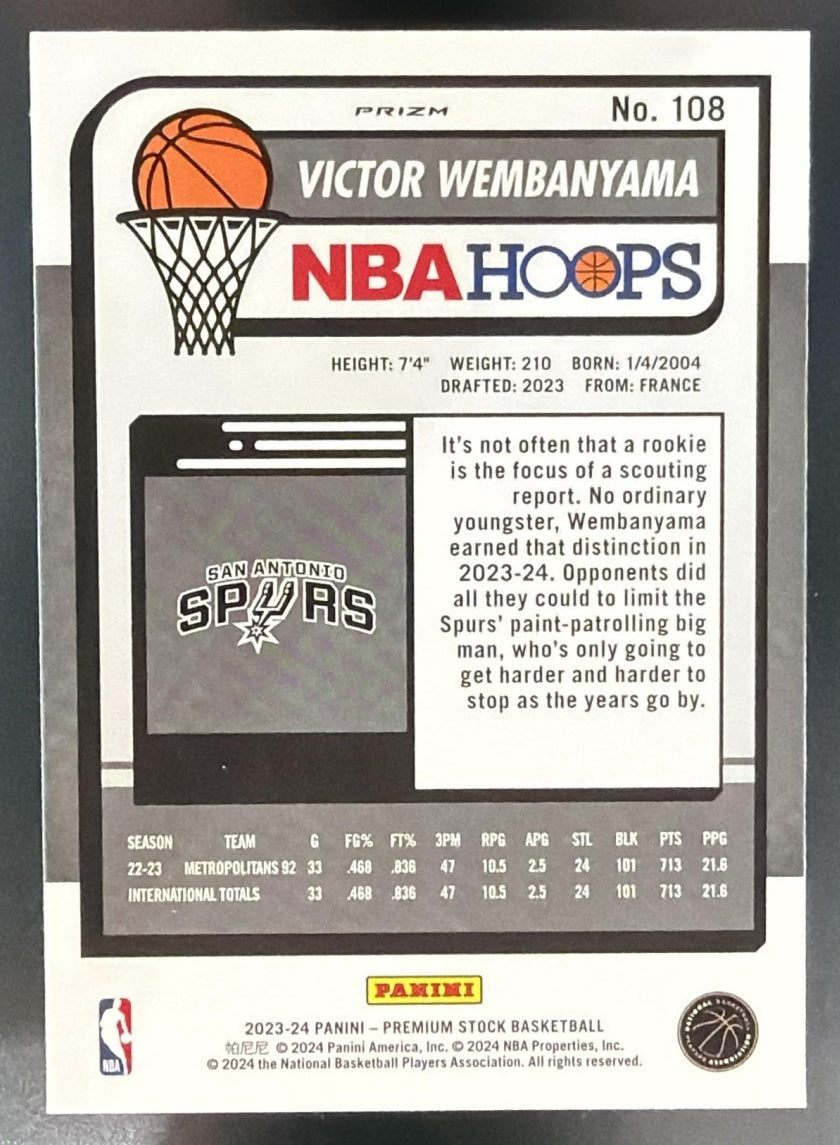 2023-24 Panini Hoops Premium Stock Victor Wembanyama #108 Ice Prizm Spurs — back
