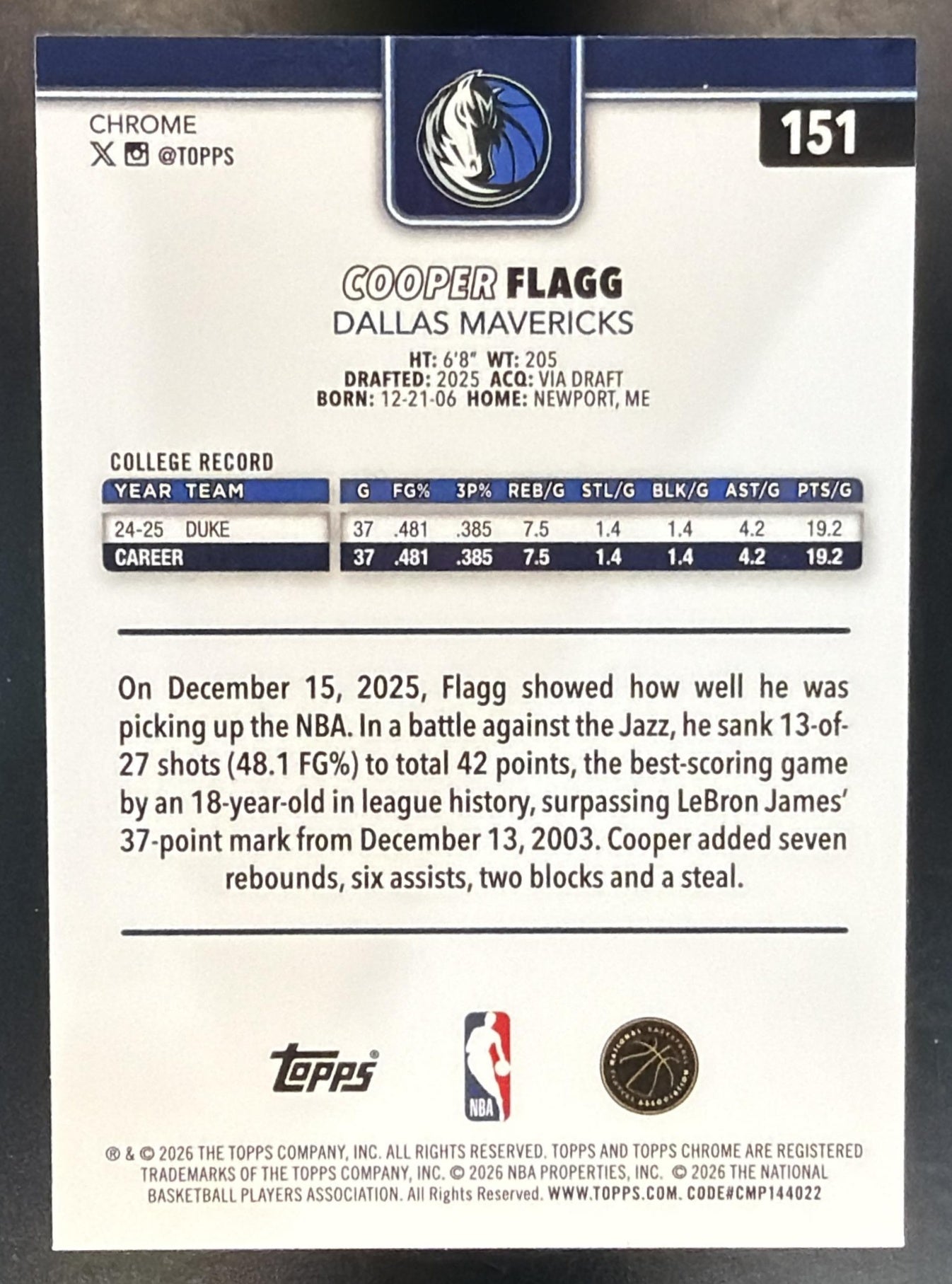 2025-26 Topps Chrome Update Cooper Flagg #151 RC Mavericks — back
