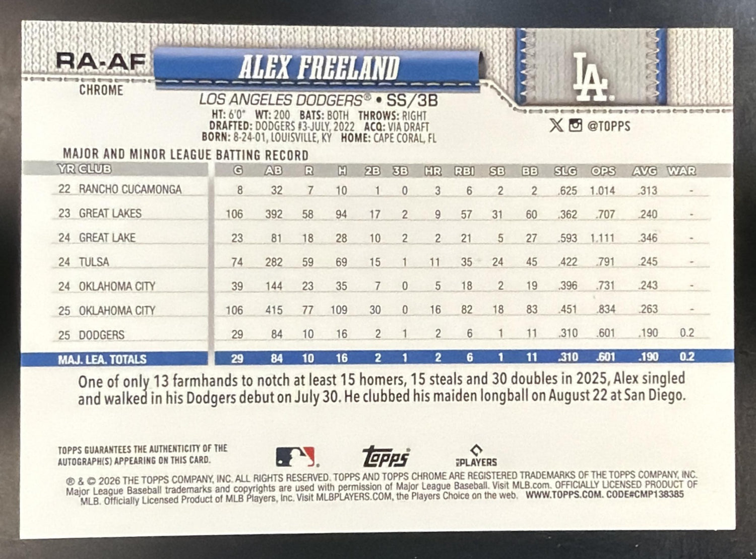 2026 Topps Chrome Alex Freeland Rookie Auto Green Geometric Refractor /99 RC — back