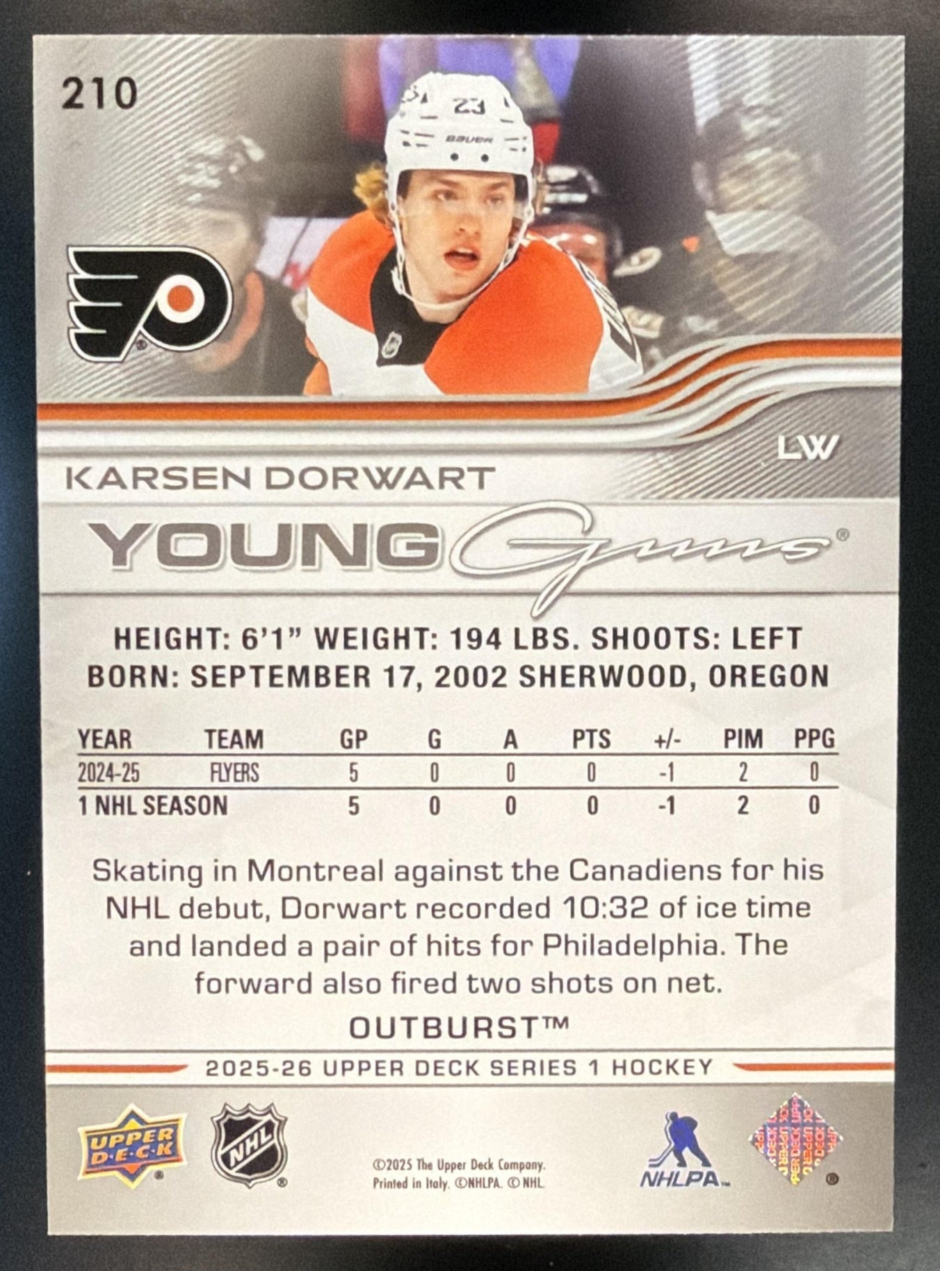 2025 Upper Deck Series 1 Karsen Dorwart #210 Outburst Silver Young Guns RC — back