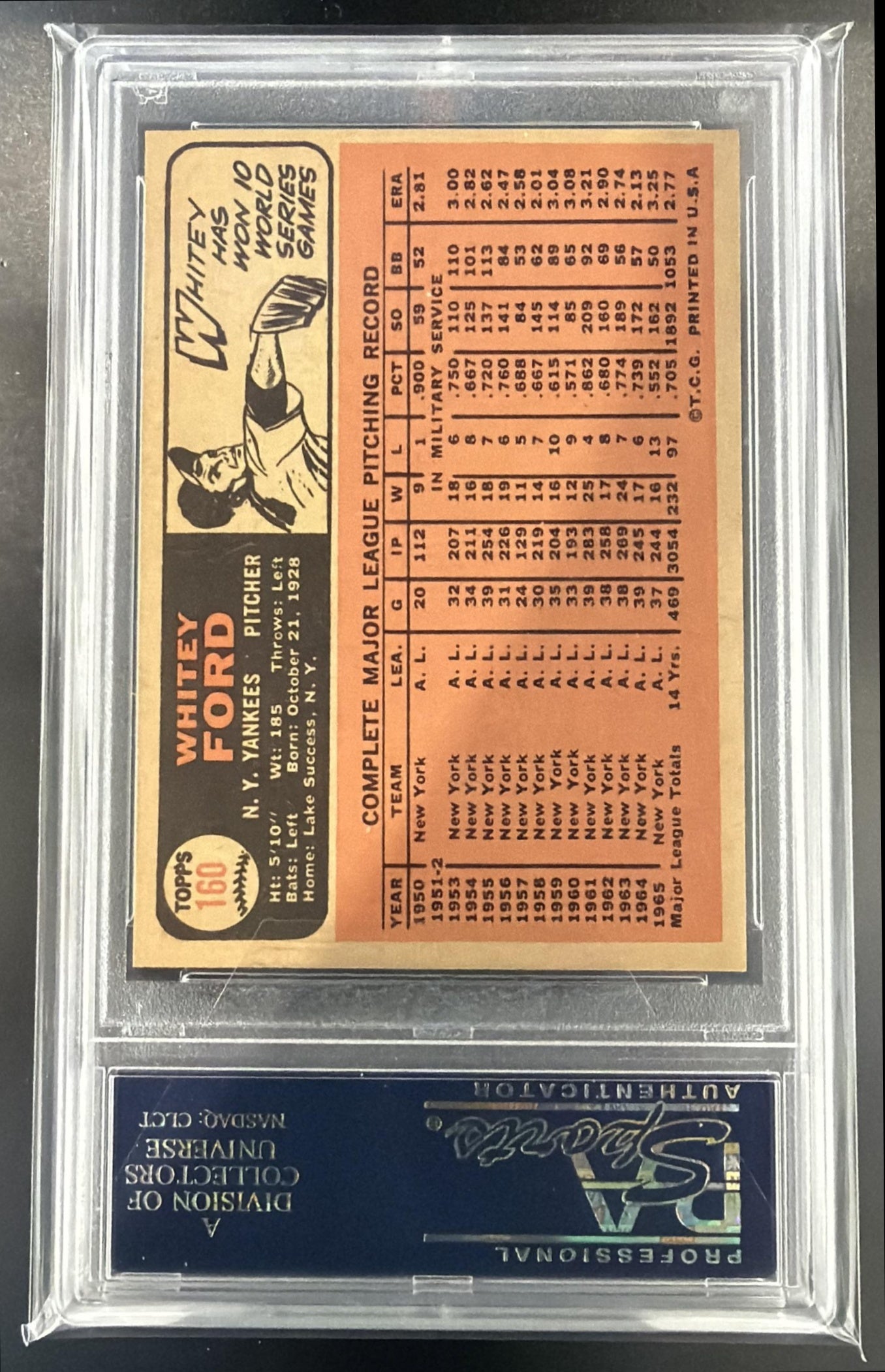1966 Topps Whitey Ford #160 Yankees PSA 8 — back