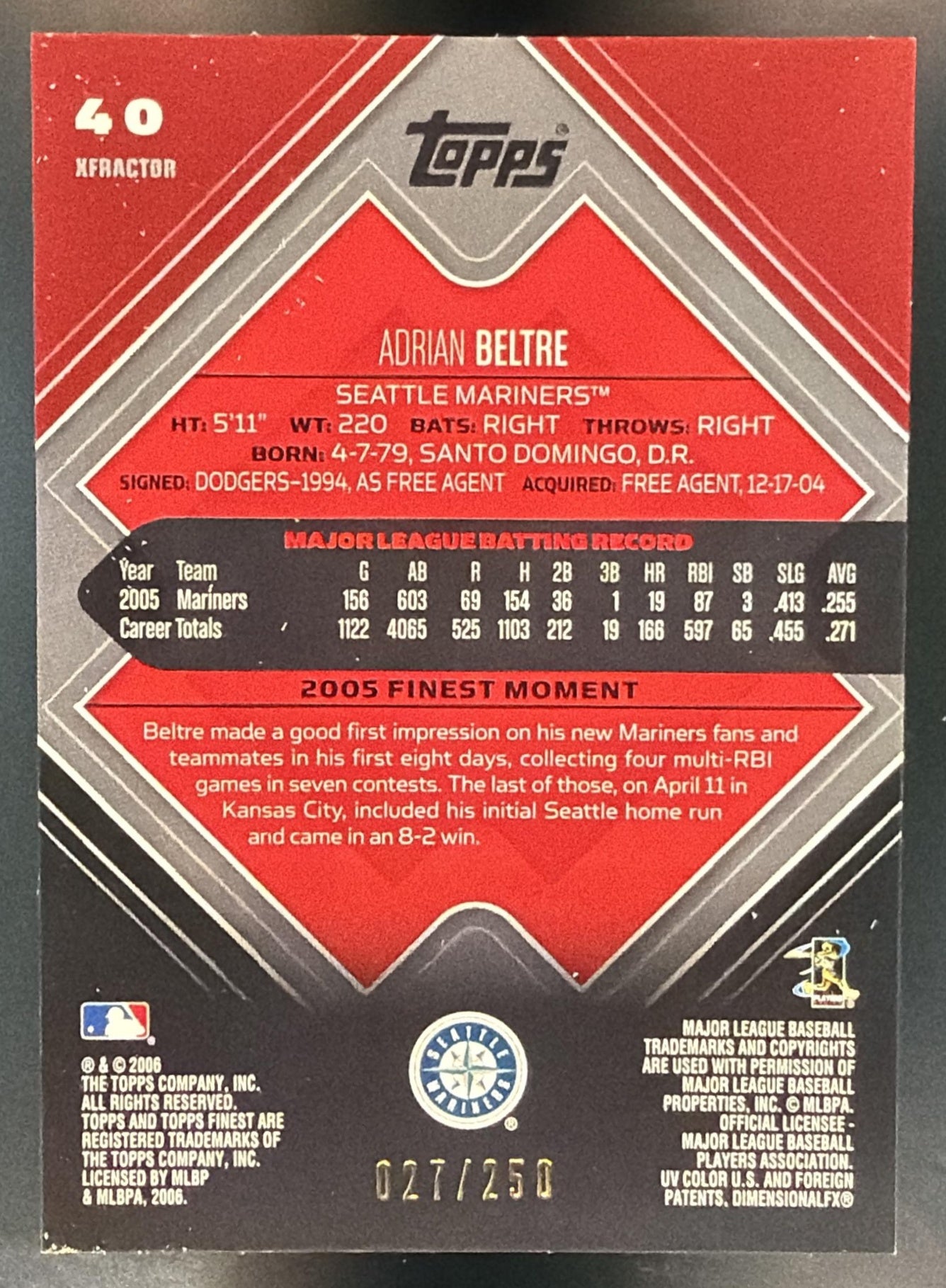 2006 Topps Finest Adrian Beltre #40 X Fractors 27/250 Mariners — back