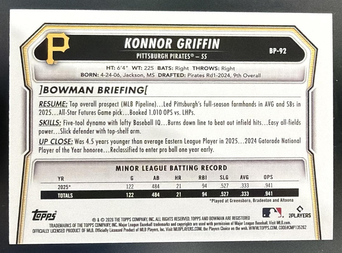 2026 Bowman Konnor Griffin #BP-92 Prospects Sky Blue Border /499 Pirates — back