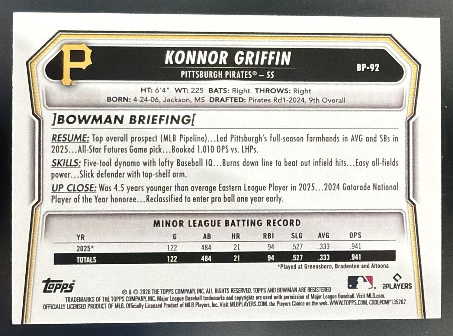 2026 Bowman Konnor Griffin #BP-92 Prospects Sky Blue Border /499 Pirates — back