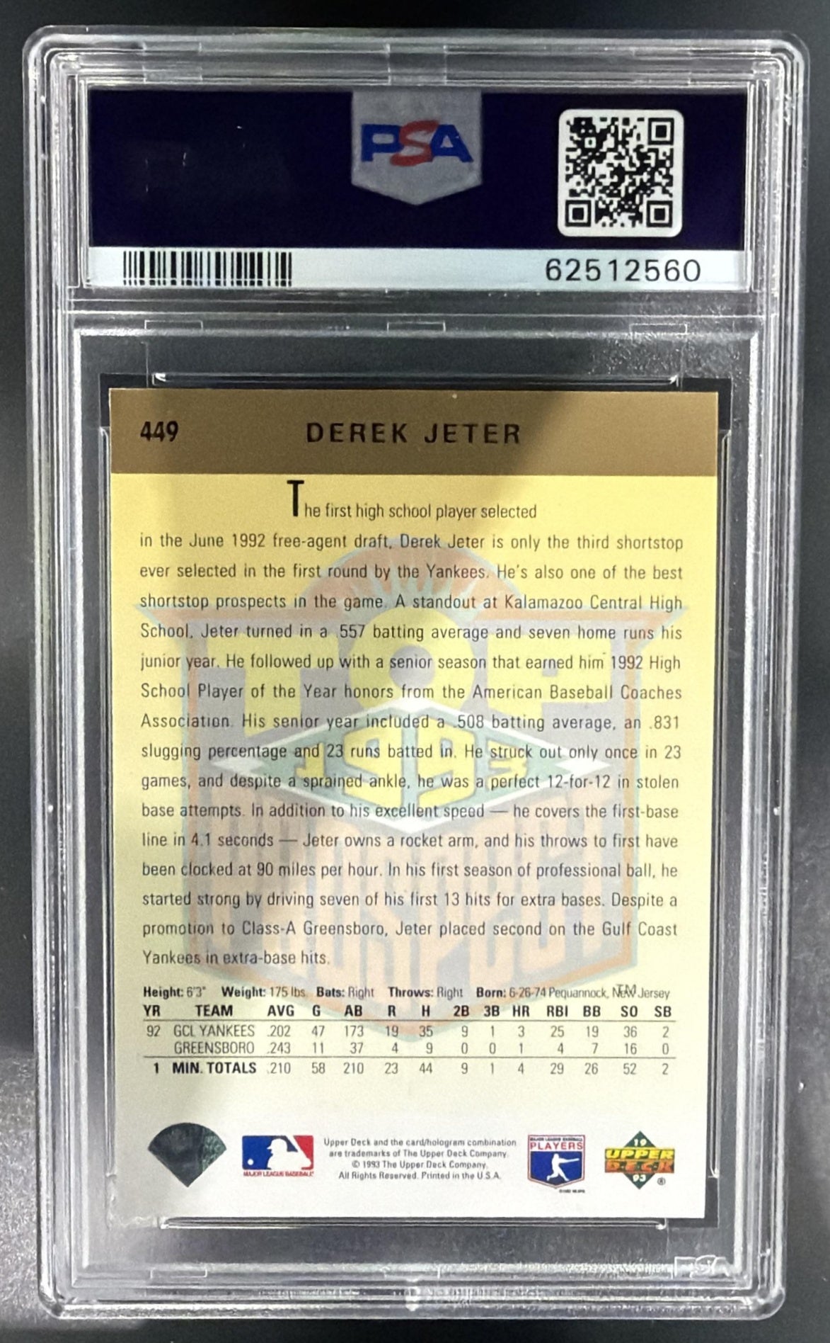 1993 Upper Deck Derek Jeter #449 RC Yankees PSA 8 — back