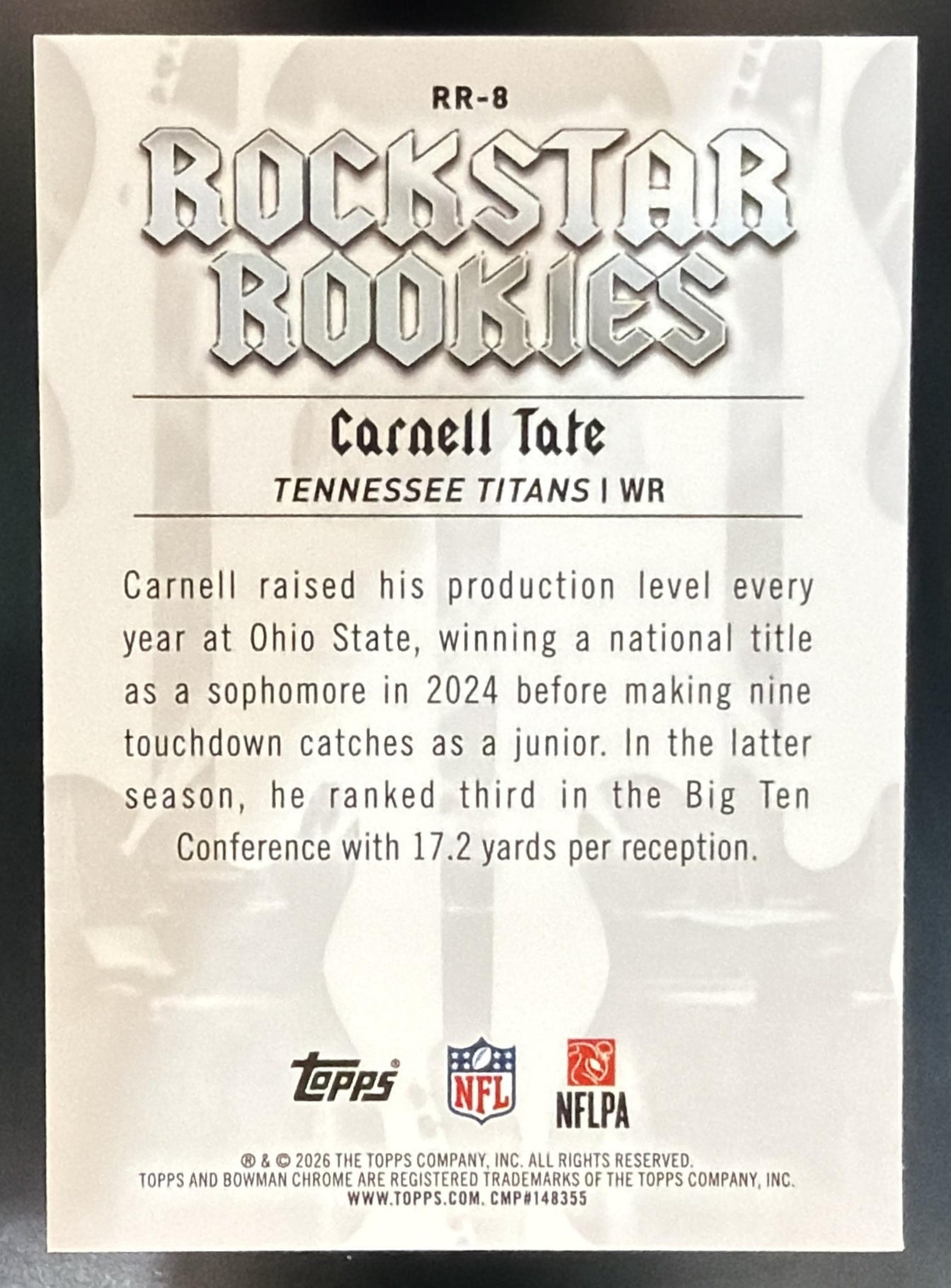 2026 Bowman Carnell Tate #RR-8 Rockstar Rookies Chrome Purple Refractor /75 RC — back