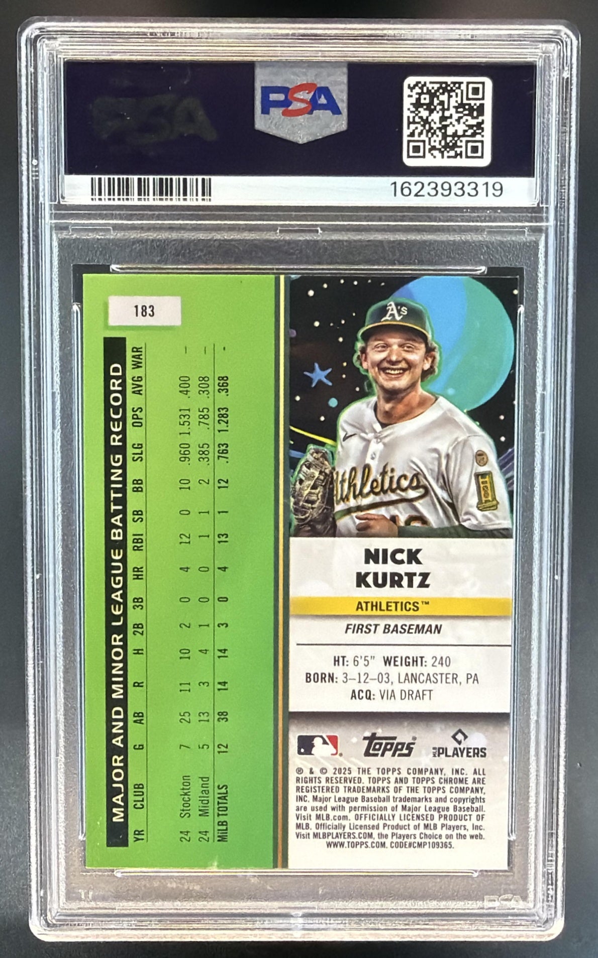 2025 Topps Cosmic Chrome Nick Kurtz #183 RC Athletics PSA 10 — back