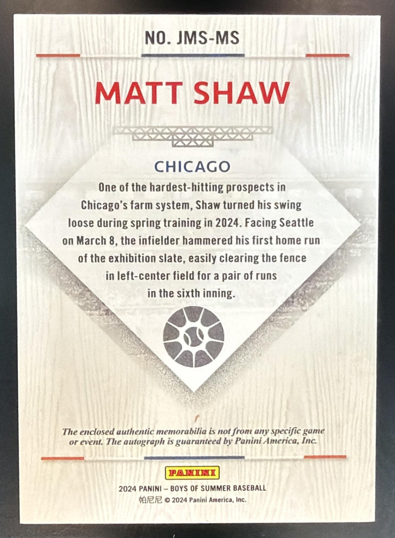 2024 Boys of Summer Matt Shaw Jumbo Material Signatures Holo Silver /25 MEM Auto — back