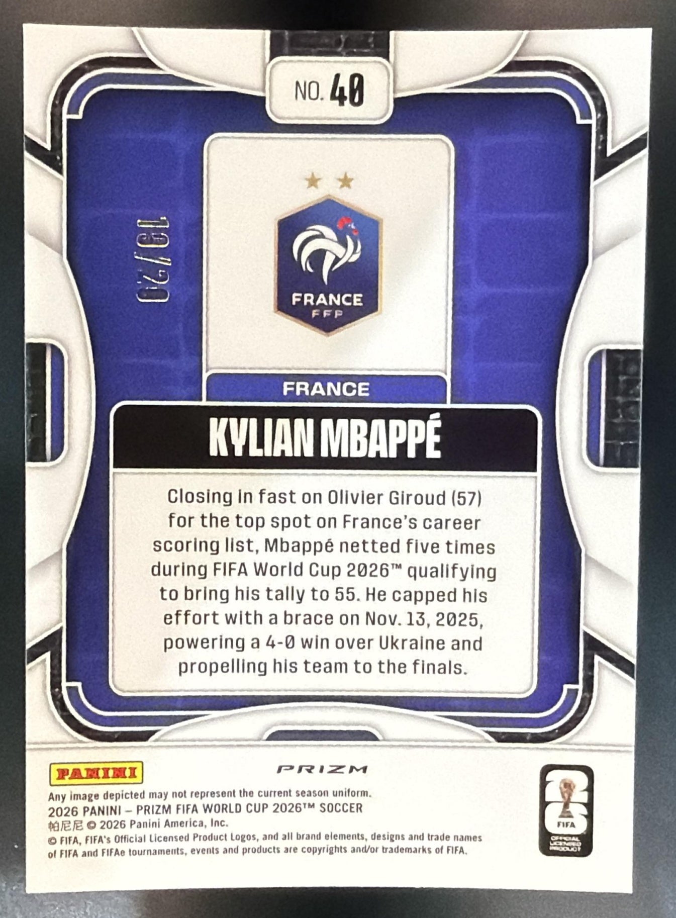 2026 Panini Prizm World Cup Kylian Mbappe #40 White Disco 19/20 France — back