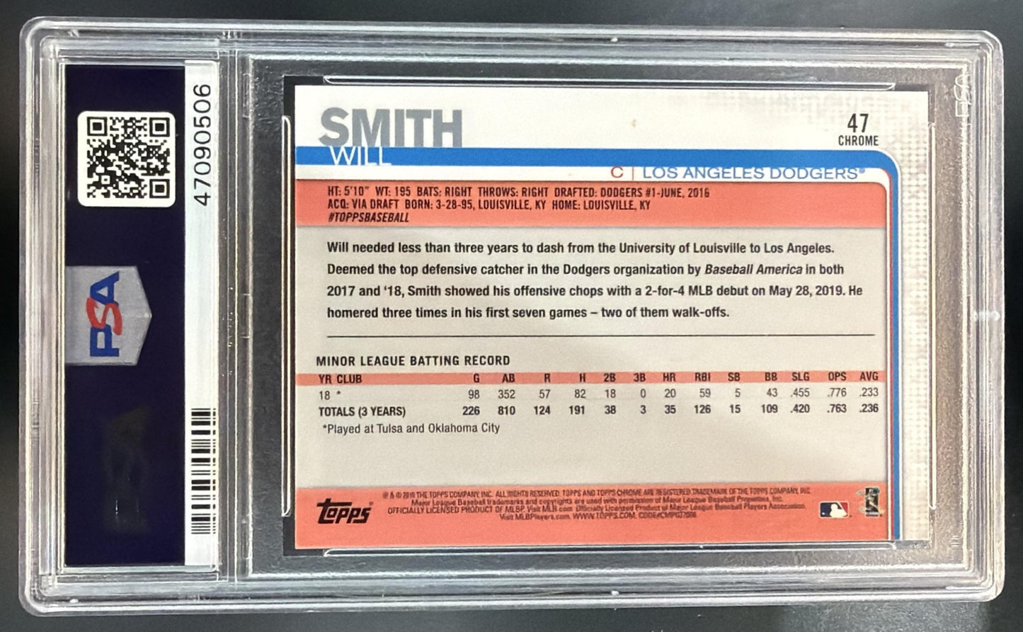 2019 Topps Chrome Update Will Smith #47 RC Dodgers PSA 9 — back