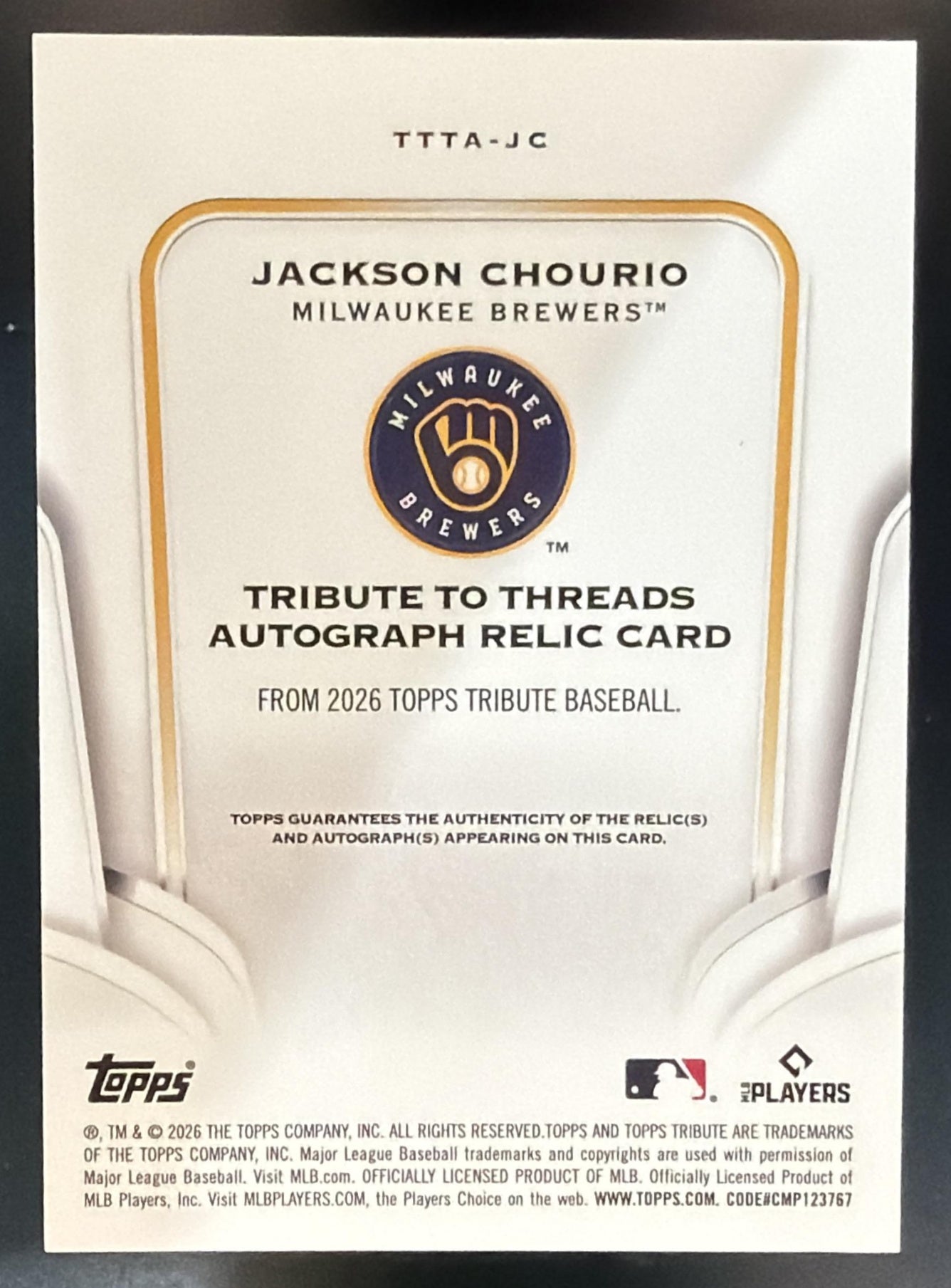 2026 Topps Tribute Jackson Chourio #TTTA-JC to Threads Auto Relic /99 MEM RC — back