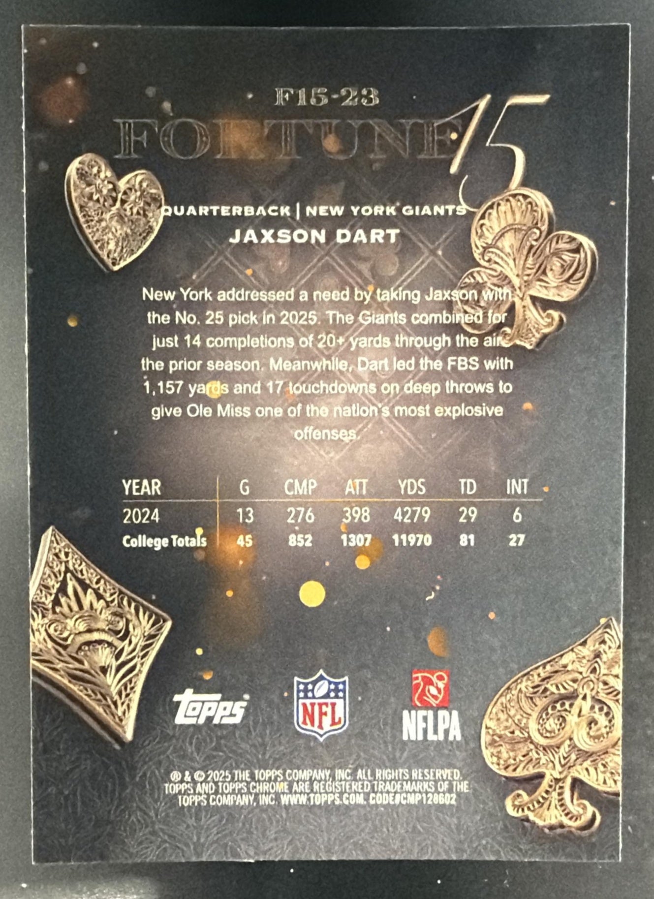 2025 Topps Chrome Jaxson Dart #F15-23 Fortune 15 RC Giants — back