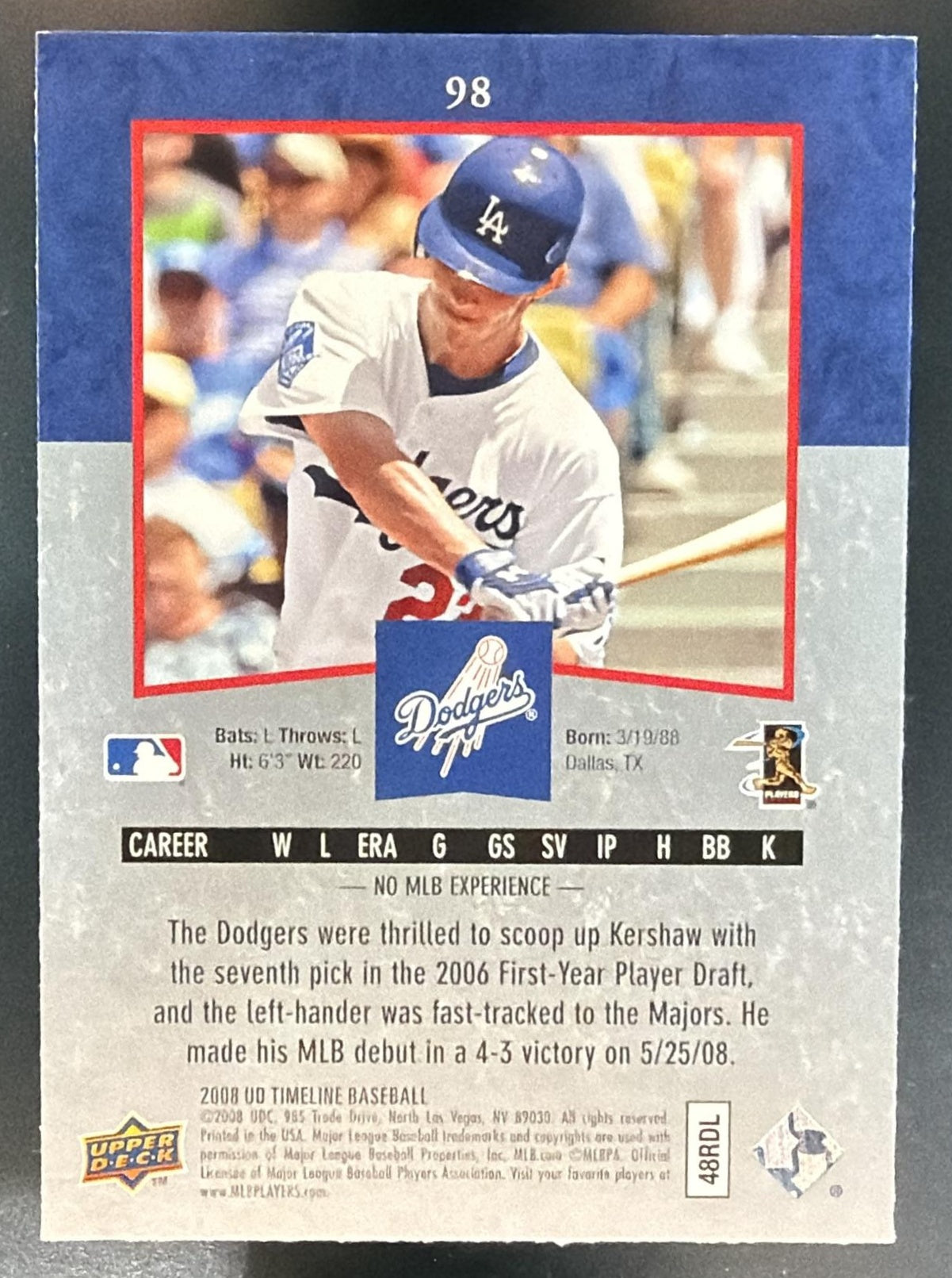 2008 Upper Deck Timeline Clayton Kershaw #98 RC Dodgers — back