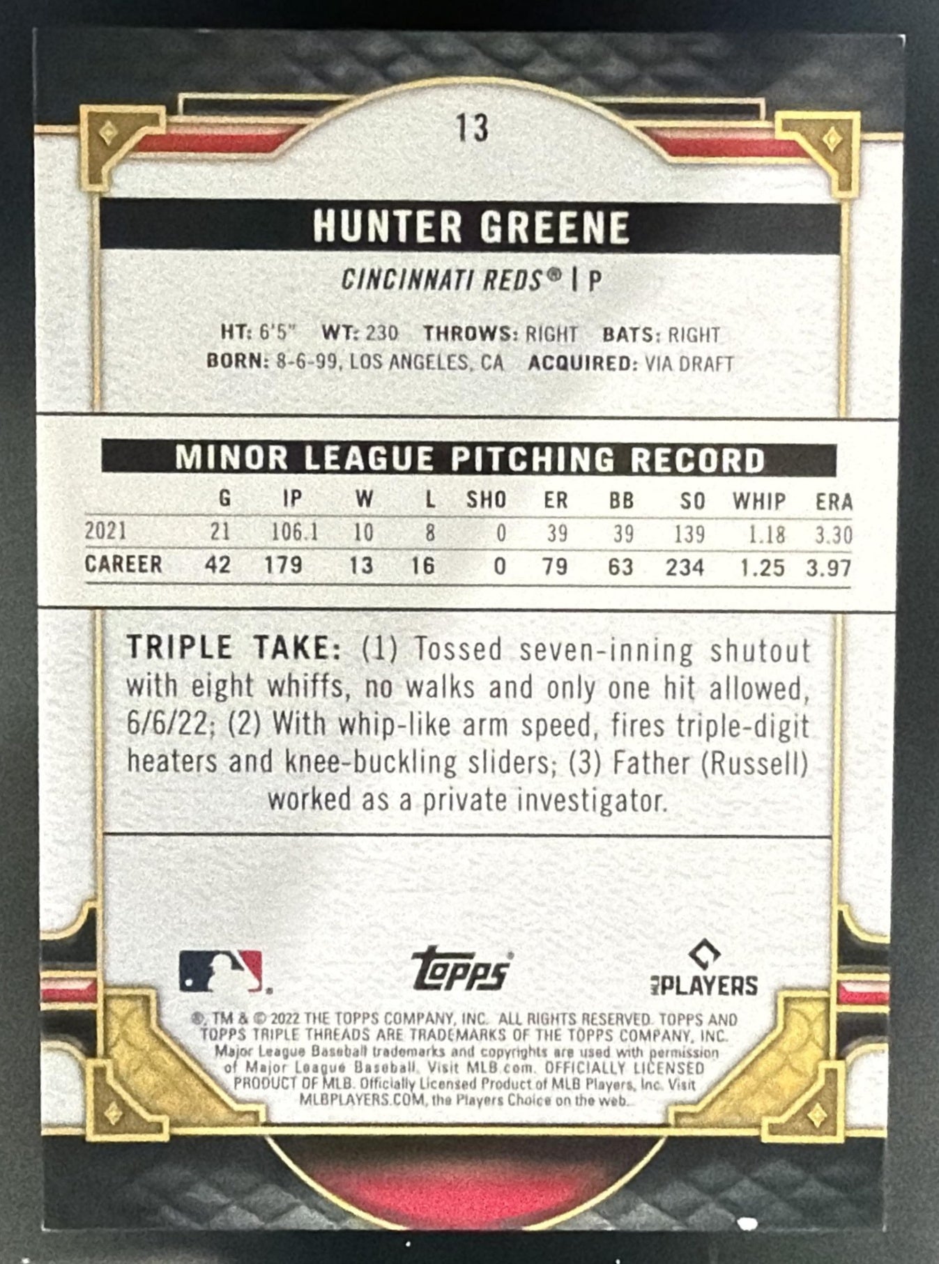2022 Topps Triple Threads Hunter Greene #13 Amber /199 RC Reds — back