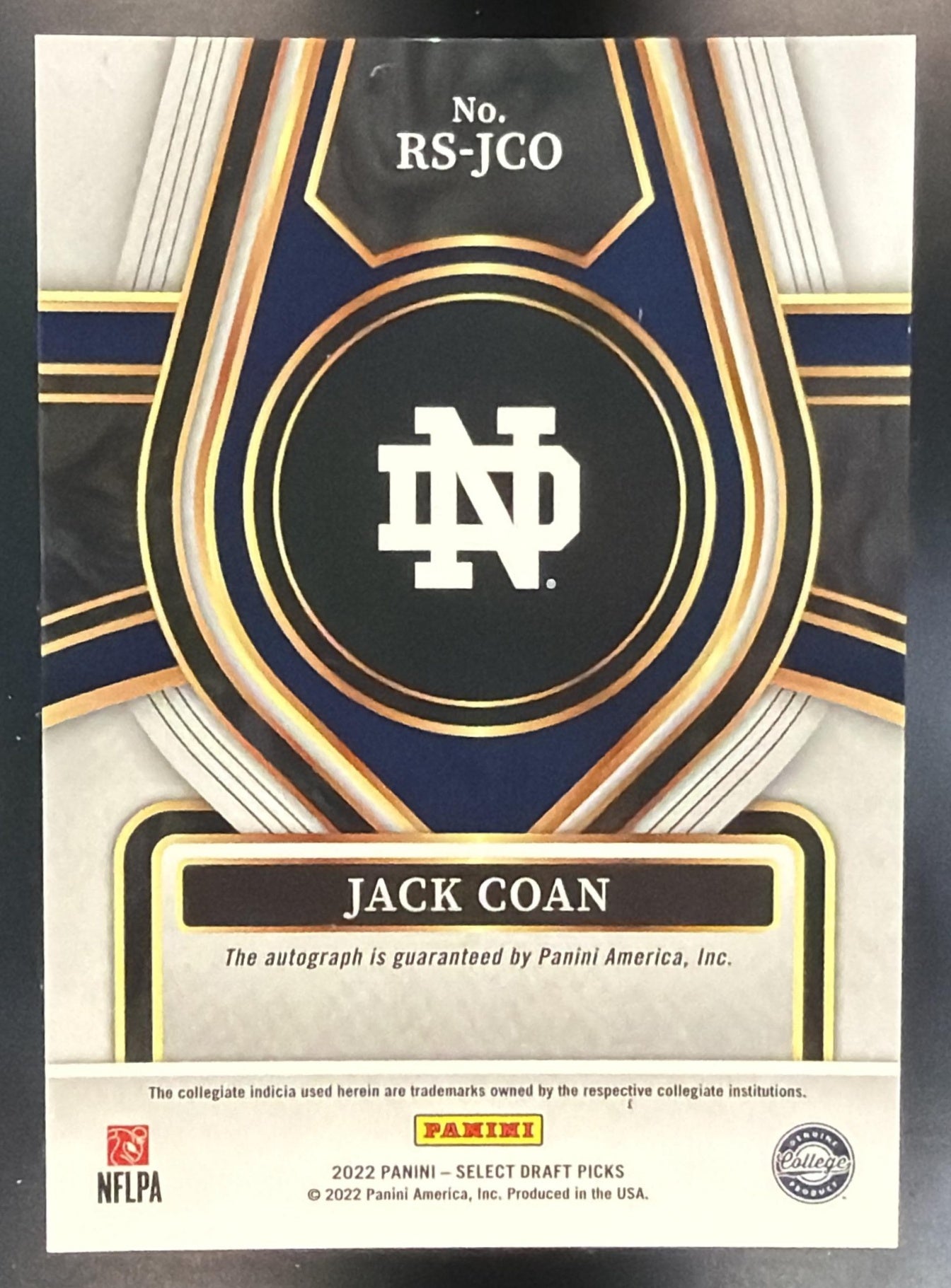 2022 Panini Select Draft Picks Jack Coan #RS-JCO Rookie Signatures RC Auto — back