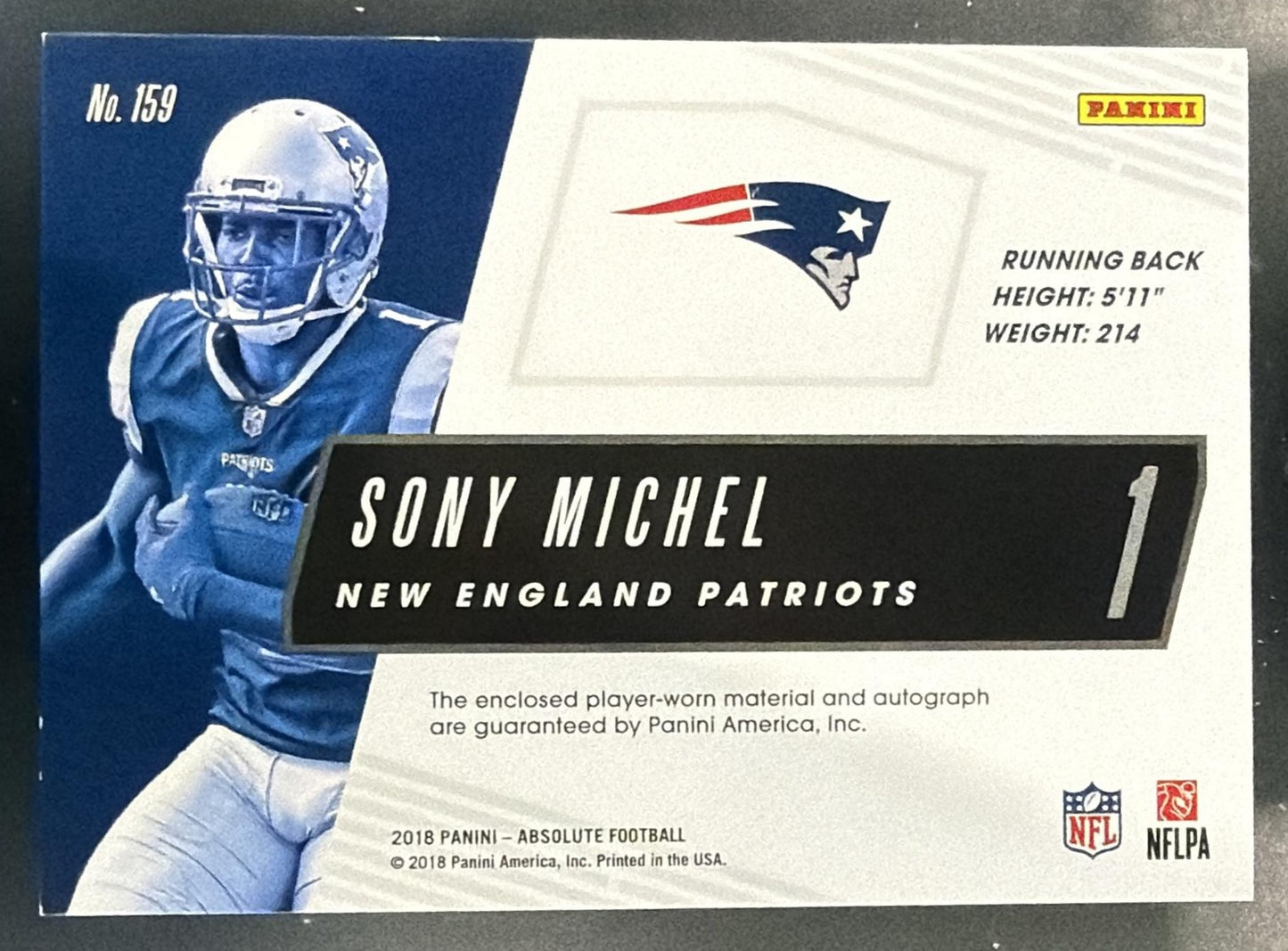 2018 Panini Absolute Sony Michel #159 175/399 MEM Auto RC Patriots — back