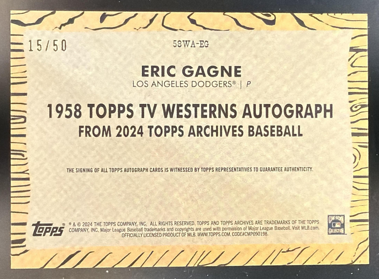 2024 Topps Archives Eric Gagne #58WA-EG 1958 TV Westerns Auto Gold Foilboard /50 — back