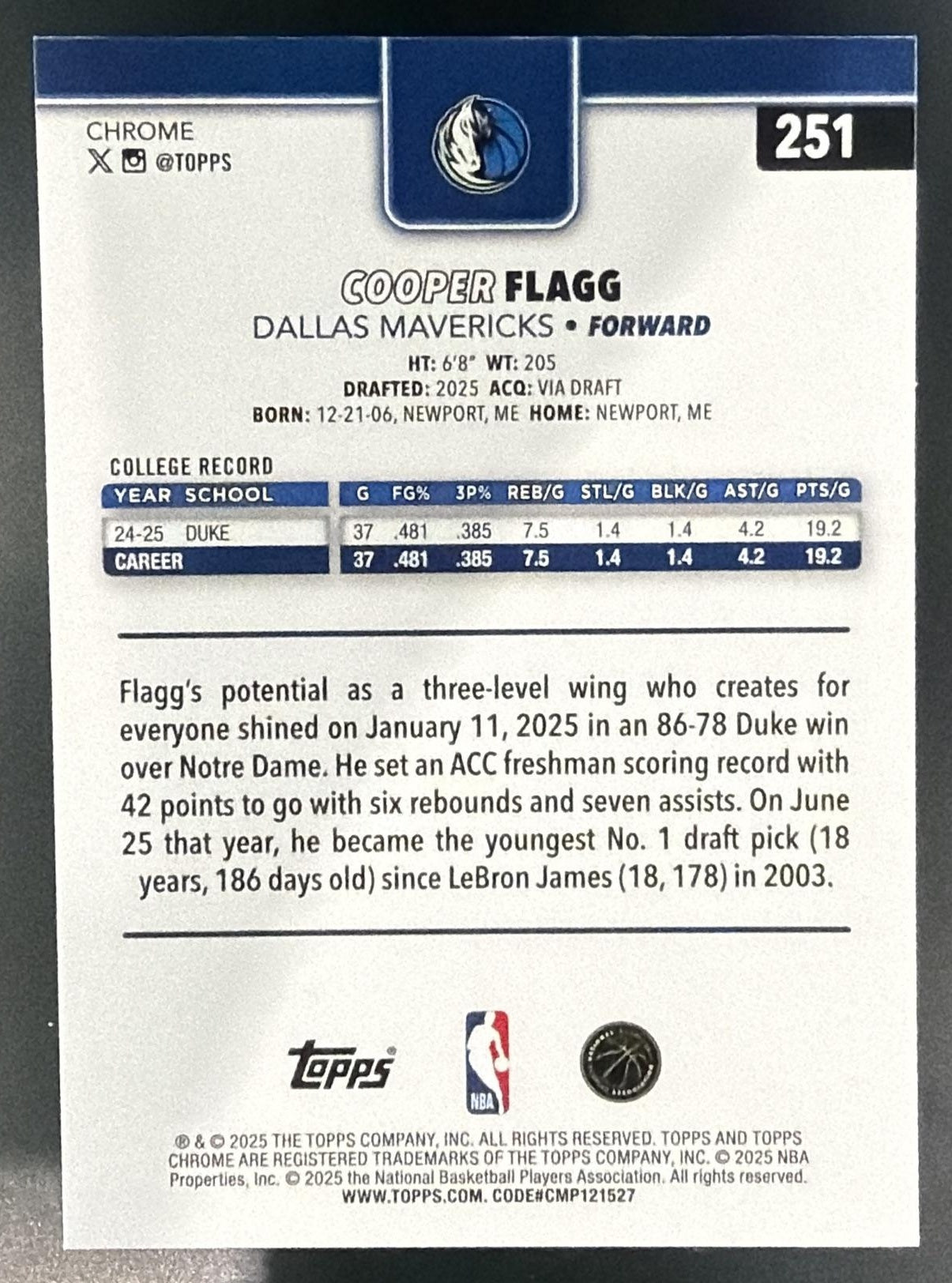 2025-26 Topps Chrome Cooper Flagg #251 RC Mavericks — back