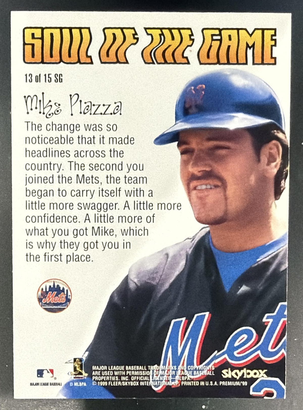 1999 Skybox Premium Mike Piazza #13SG Soul of the Game Mets — back