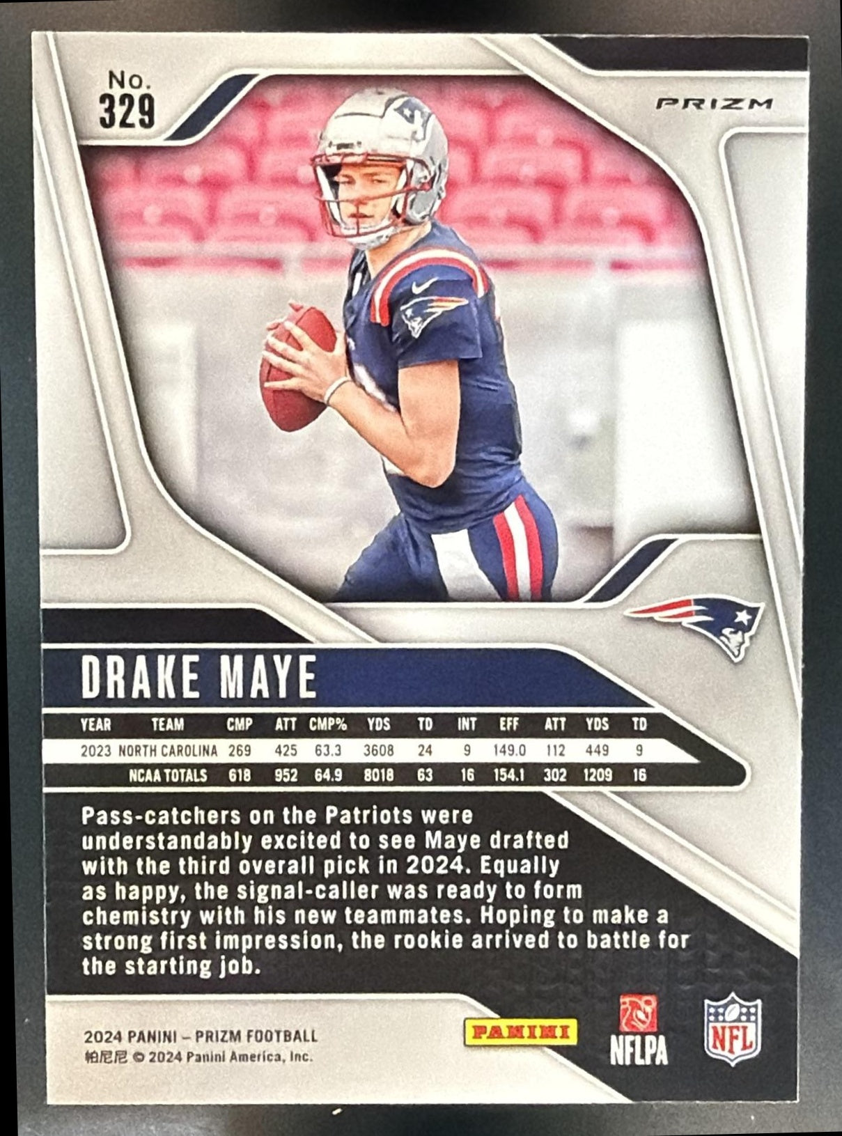 2024 Panini Prizm Drake Maye #329 Red White and Blue RC Patriots — back