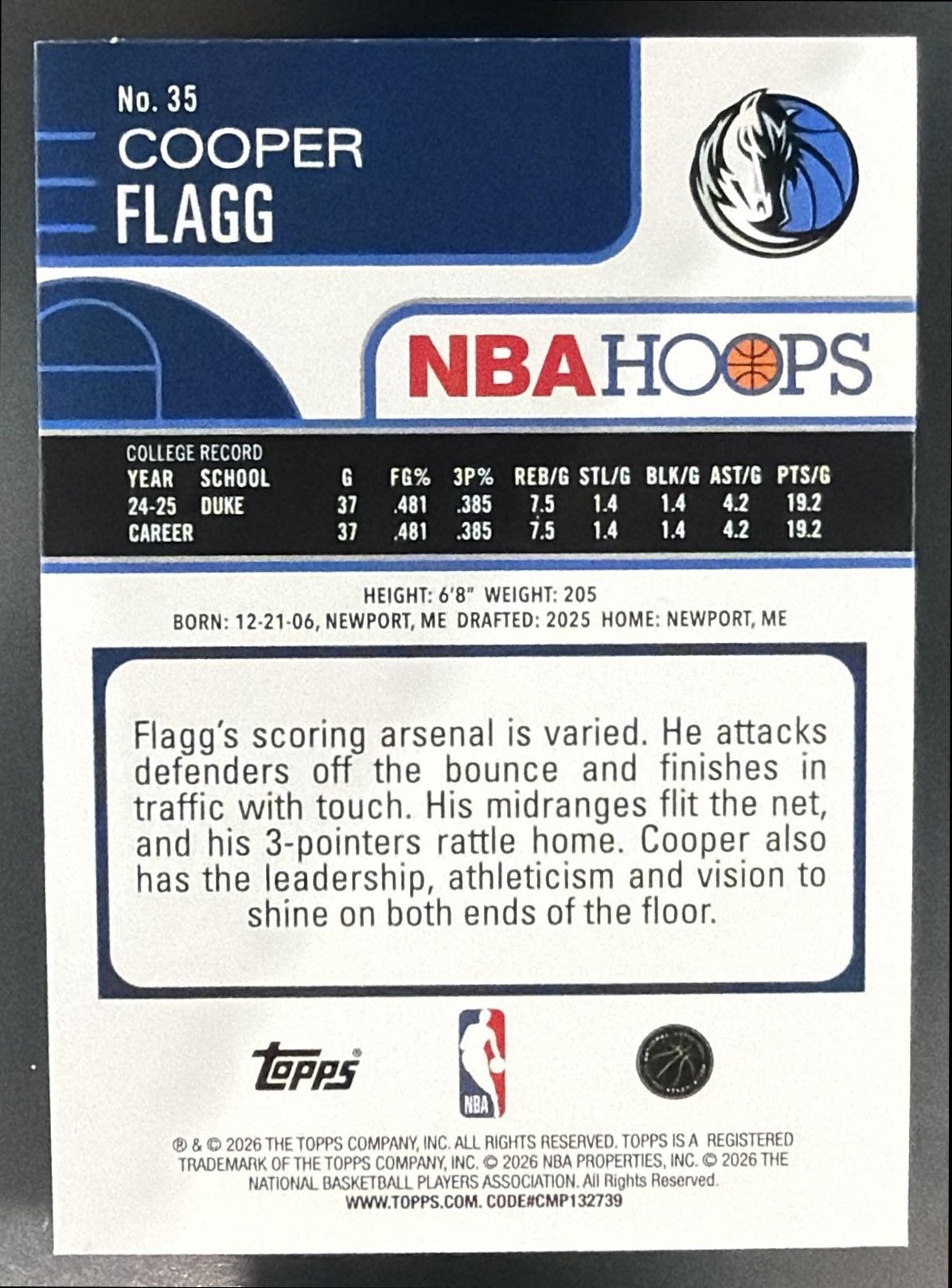 2025-26 Topps Hoops Cooper Flagg #35 RC Mavericks — back