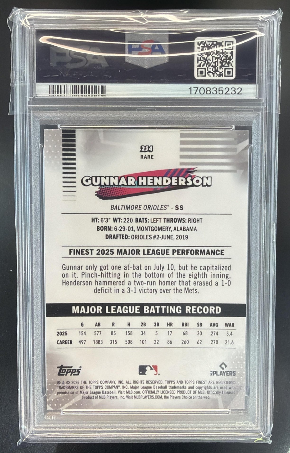 2026 Topps Finest Gunnar Henderson Rare Green Mini-Diamond Refractor /99 PSA 10 — back