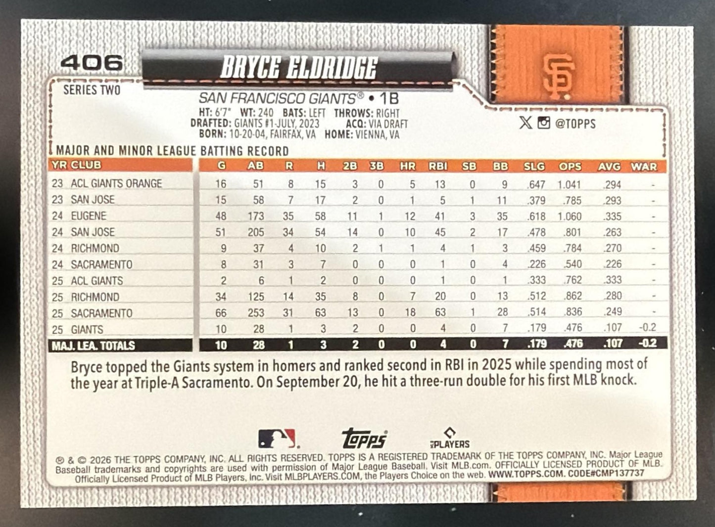 2026 Topps Series 2 Bryce Eldridge #406 Team Color Border Variation RC Giants — back