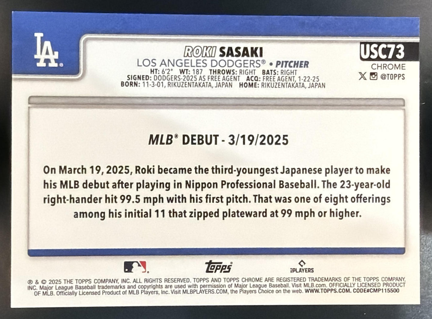 2025 Topps Chrome Update Roki Sasaki #USC73 Black Lava Refractor 9/10 RC Dodgers — back