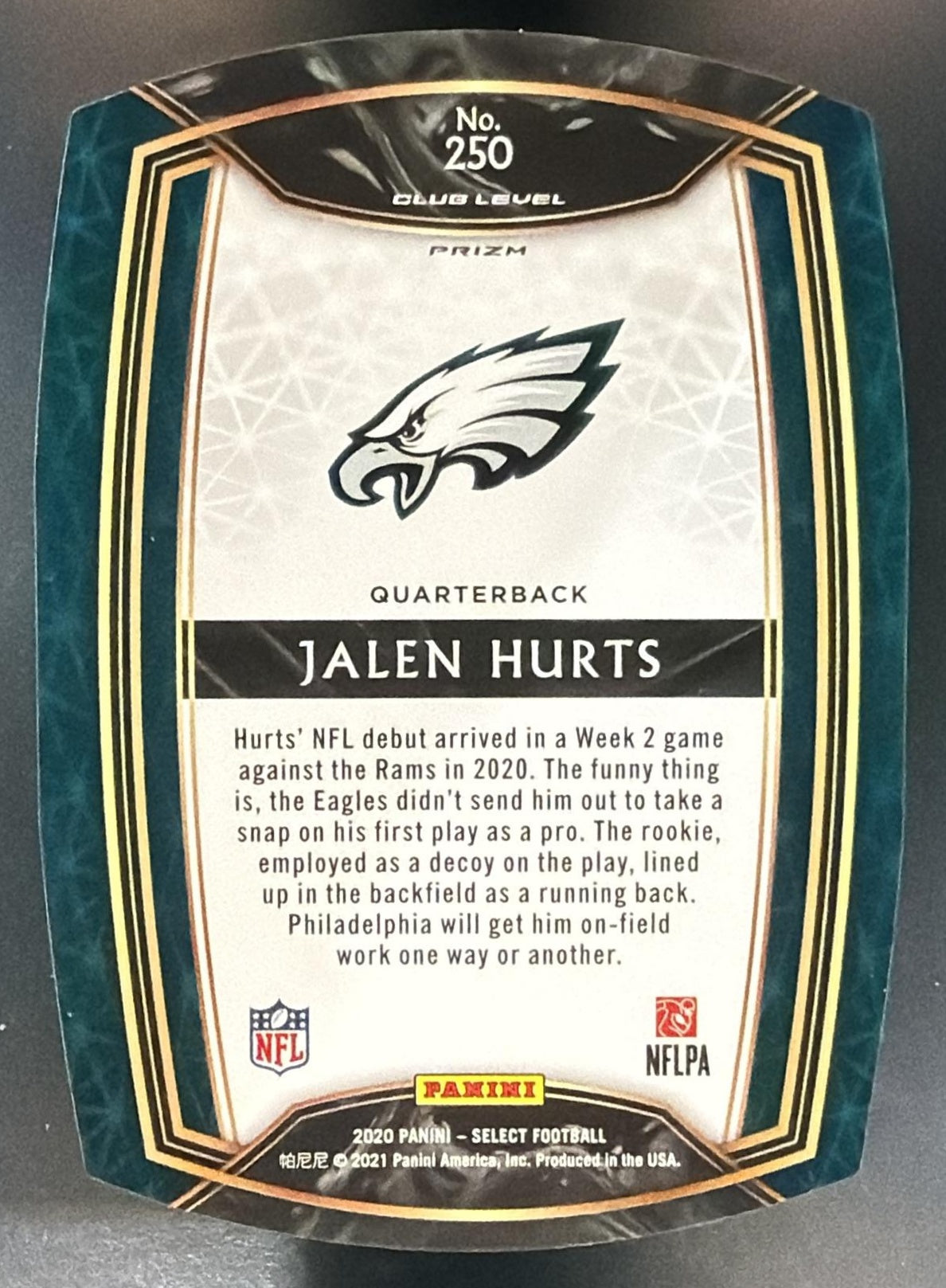 2020 Panini Select Jalen Hurts #250 Maroon Prizm Die Cut Club RC Eagles — back