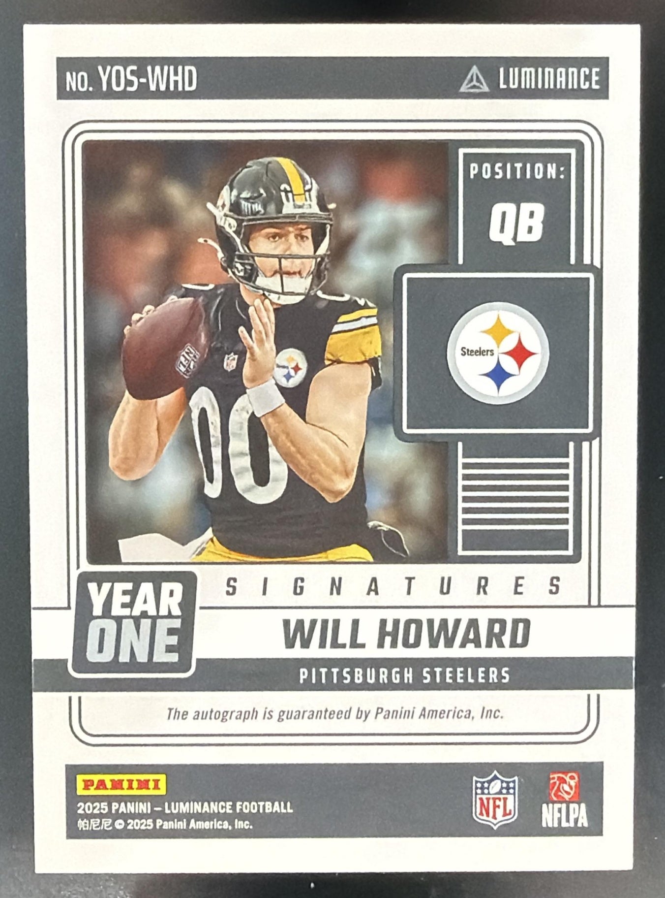 2025 Panini Luminance Will Howard #YOS-WHD Year One Auto RC Steelers — back