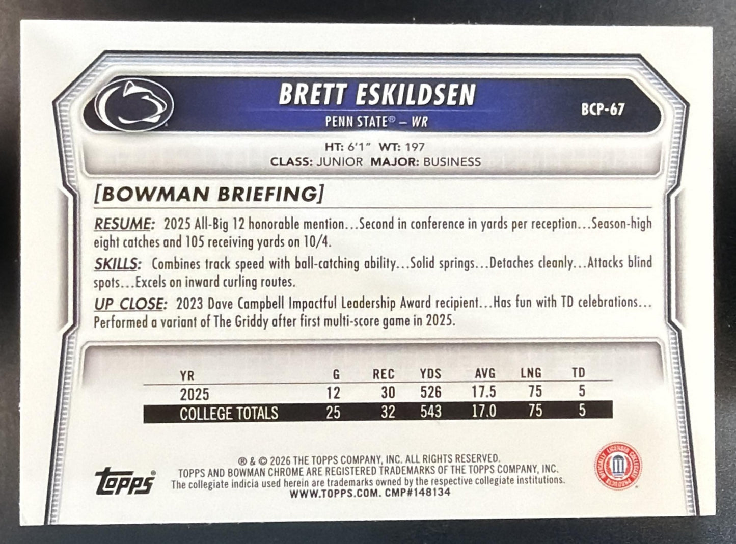 2026 Bowman Brett Eskildsen Chrome Steel Metal Refractor /100 1st Prospect — back