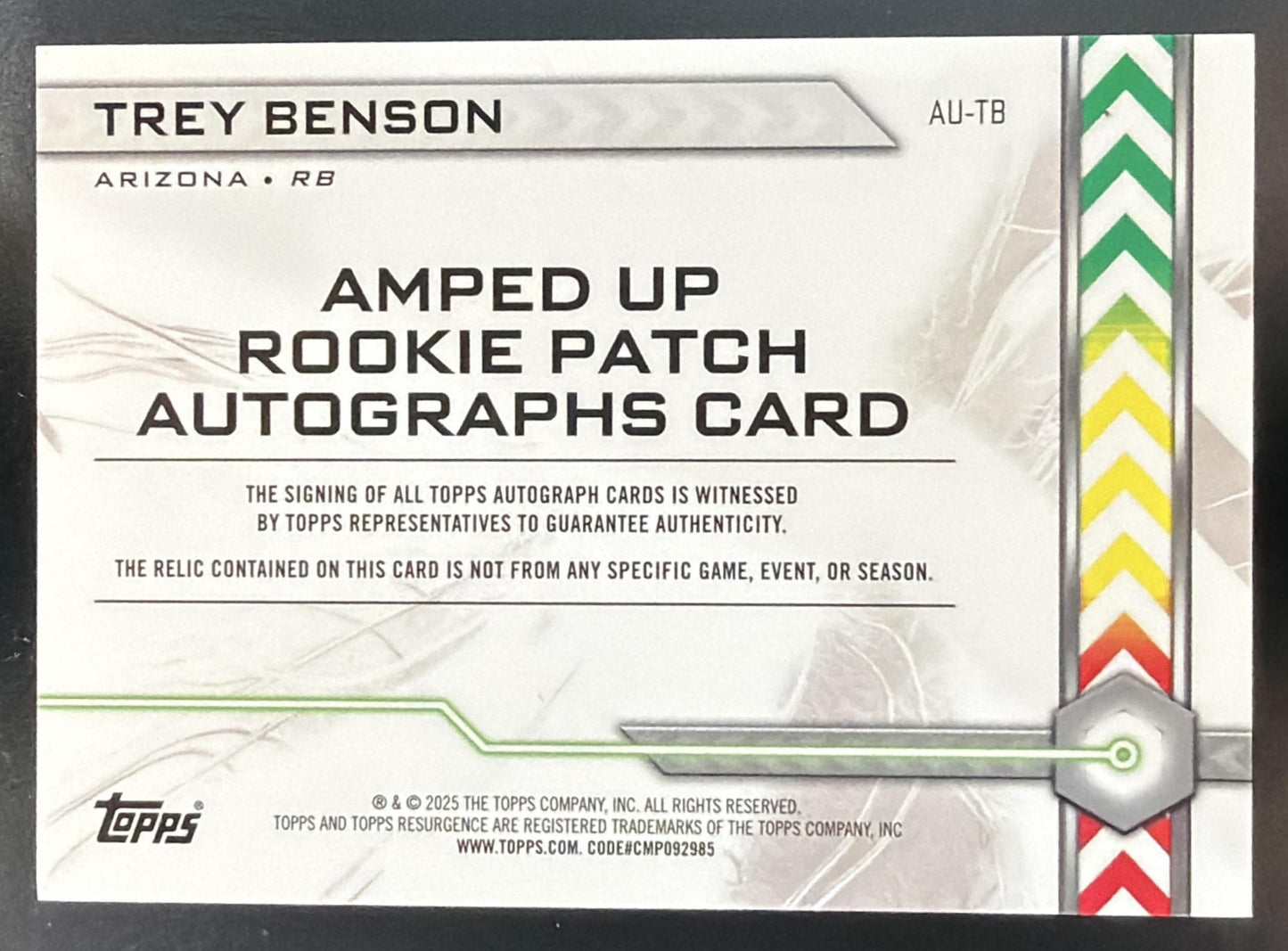 2024 Topps Resurgence Trey Benson #AU-TB Amped Up Rookie Patch Auto MEM RC — back