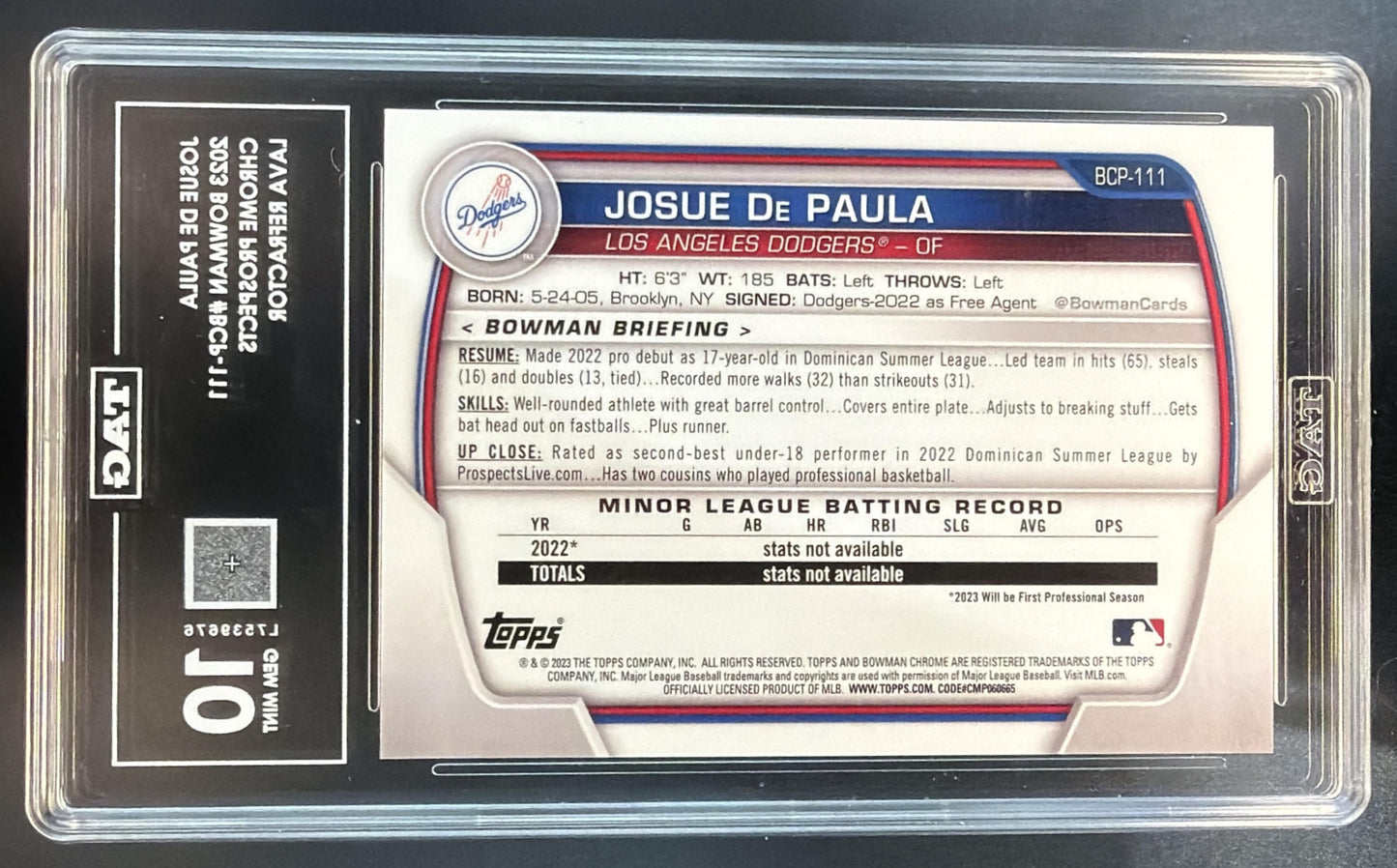 2023 Bowman Josue De Paula Chrome Lava Refractor /399 1st Prospect TAG 10 — back
