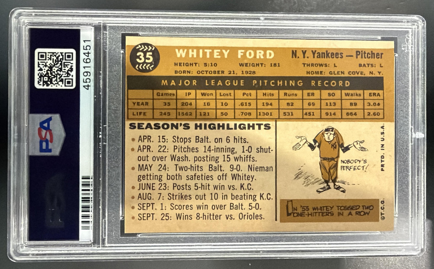 1960 Topps Whitey Ford #35 Yankees PSA 7 — back