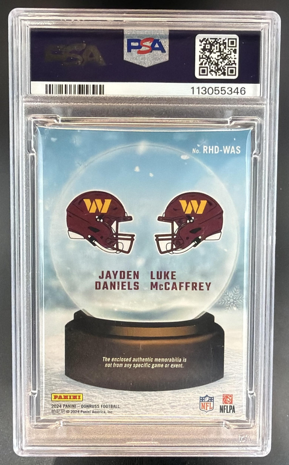 2024 Donruss Jayden Daniels Luke McCaffrey Rookie Sweater Dual MEM RC PSA 8 — back