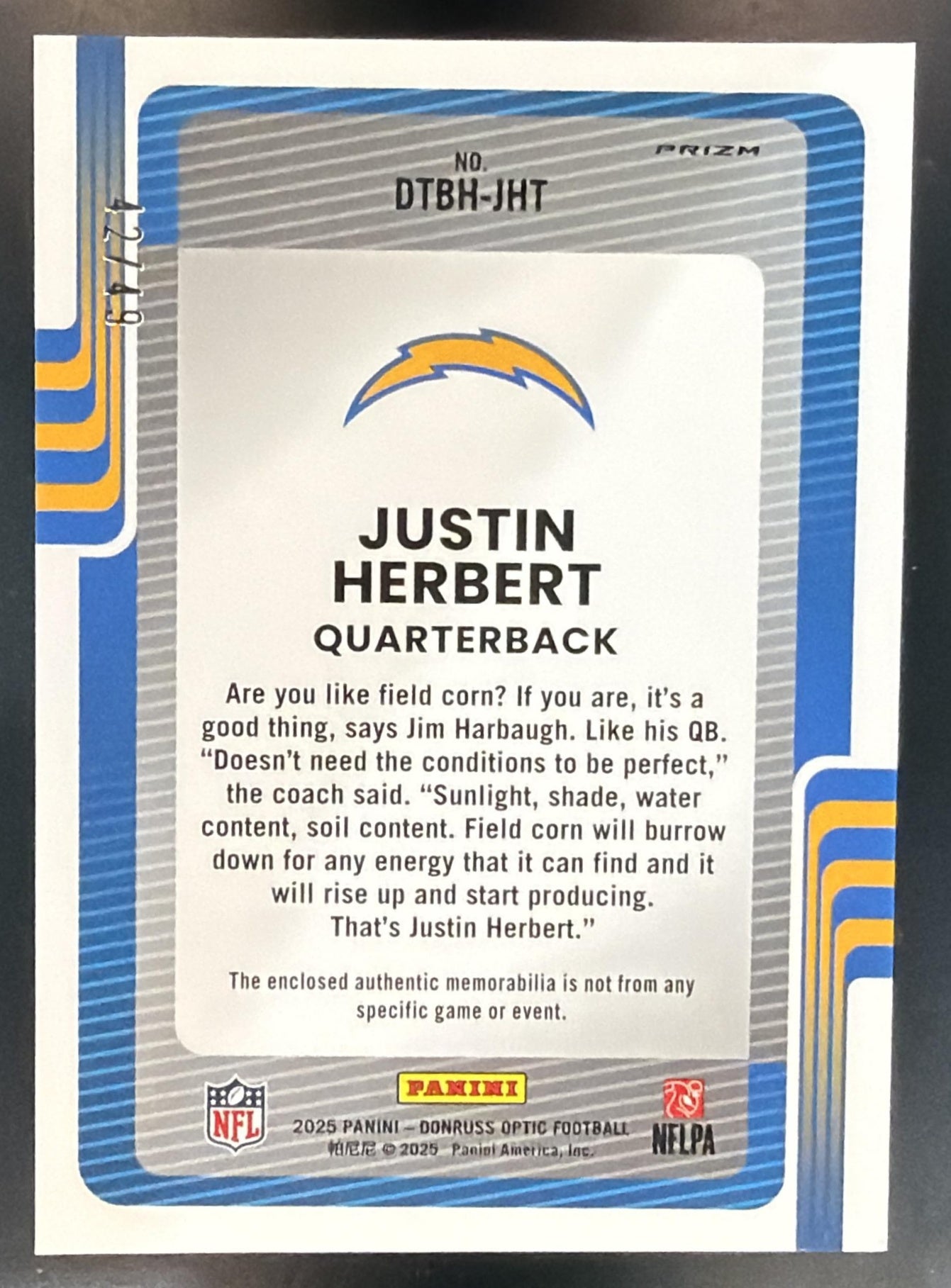 2025 Panini Donruss Optic Justin Herbert #DTH-JHB Threads Ice Prizm /49 MEM — back