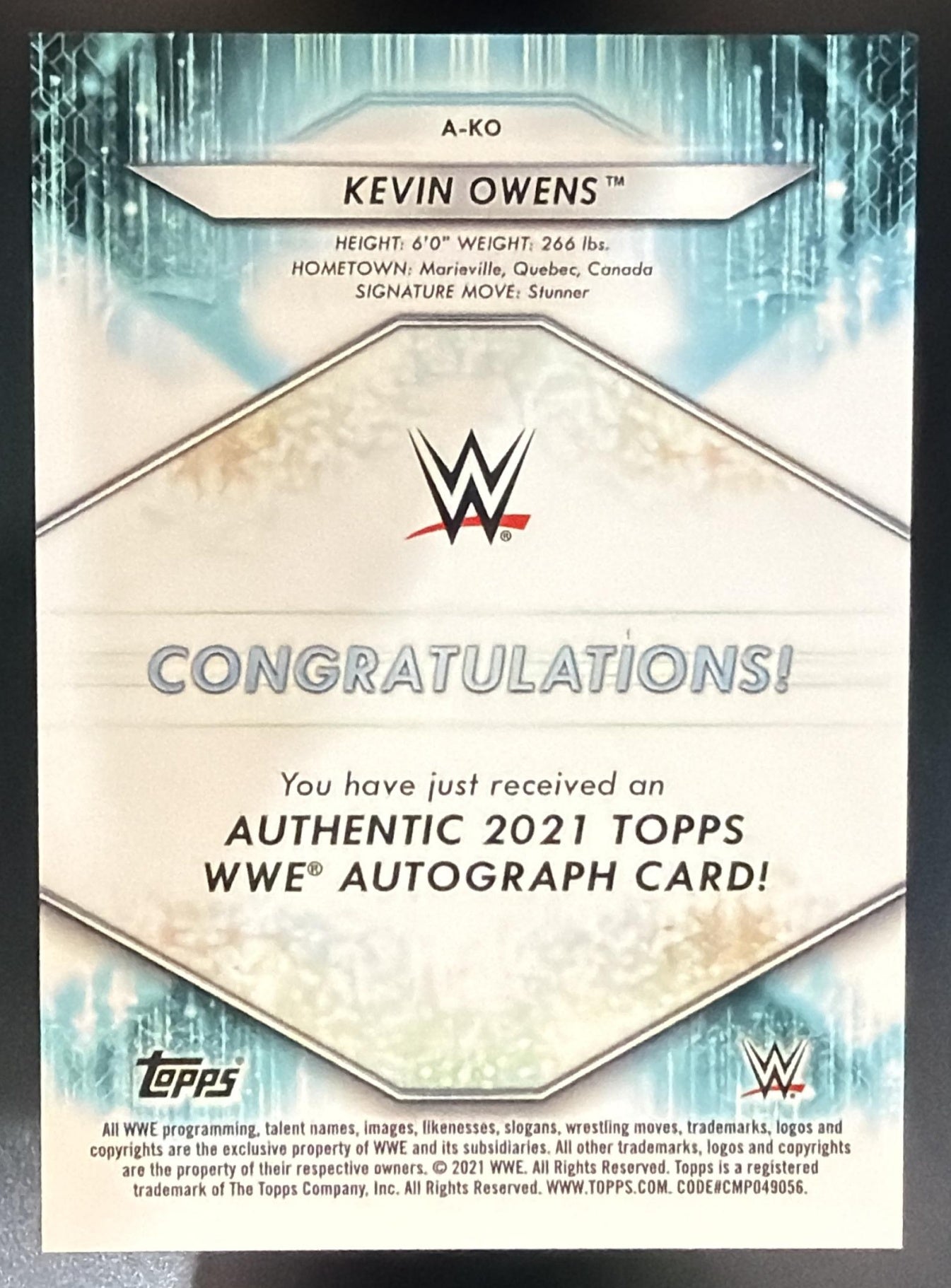2021 Topps WWE Kevin Owens #A-KO Auto Green 28/99 — back