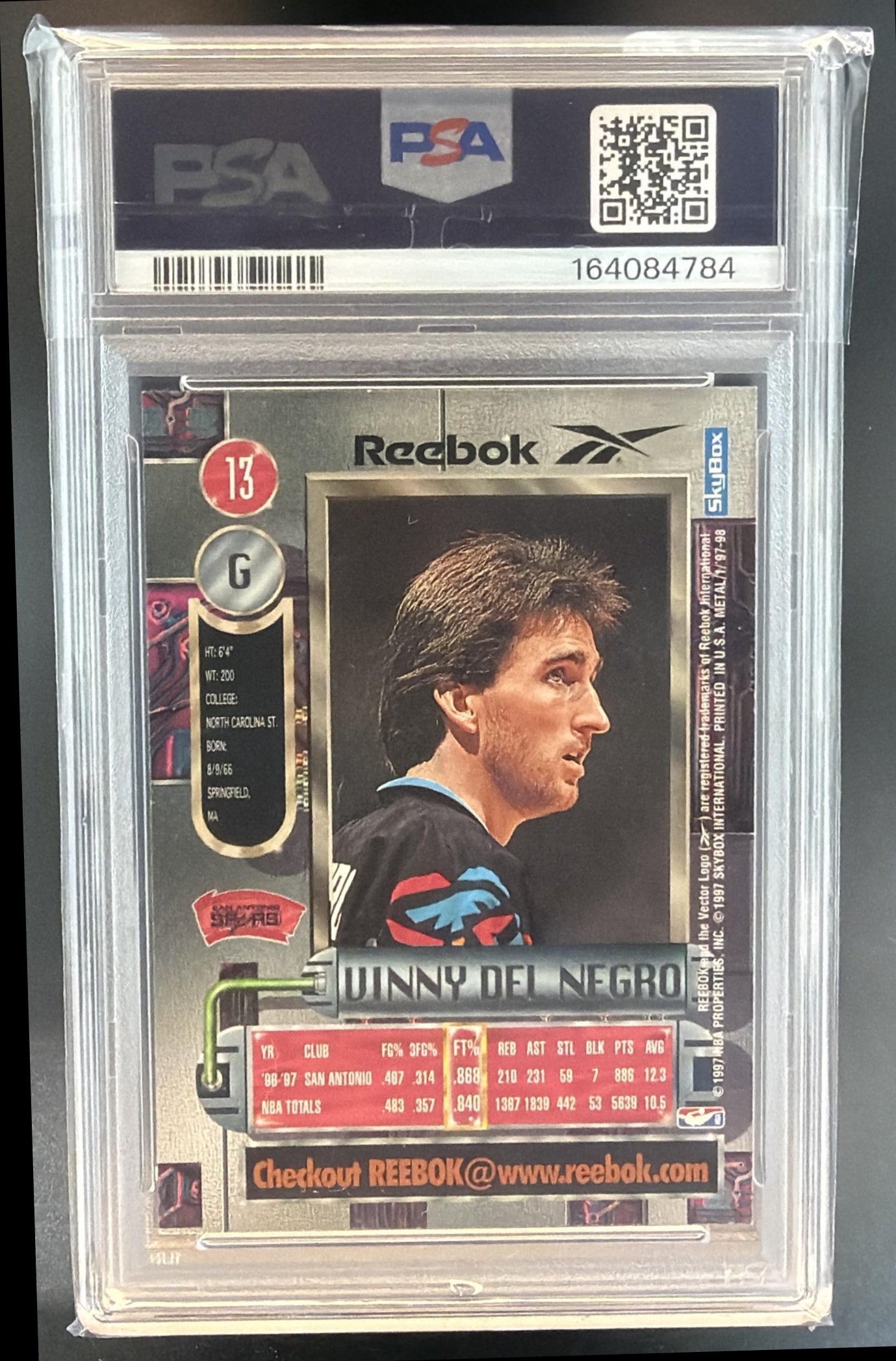 1997-98 Skybox Metal Universe Vinny Del Negro #13 Spurs PSA 8 — back