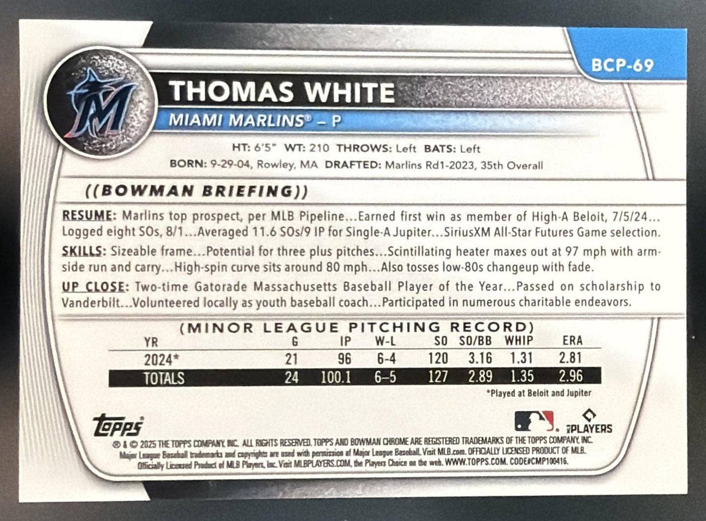 2025 Bowman Thomas White Chrome Gold Geometric Refractor /50 1st Prospect — back