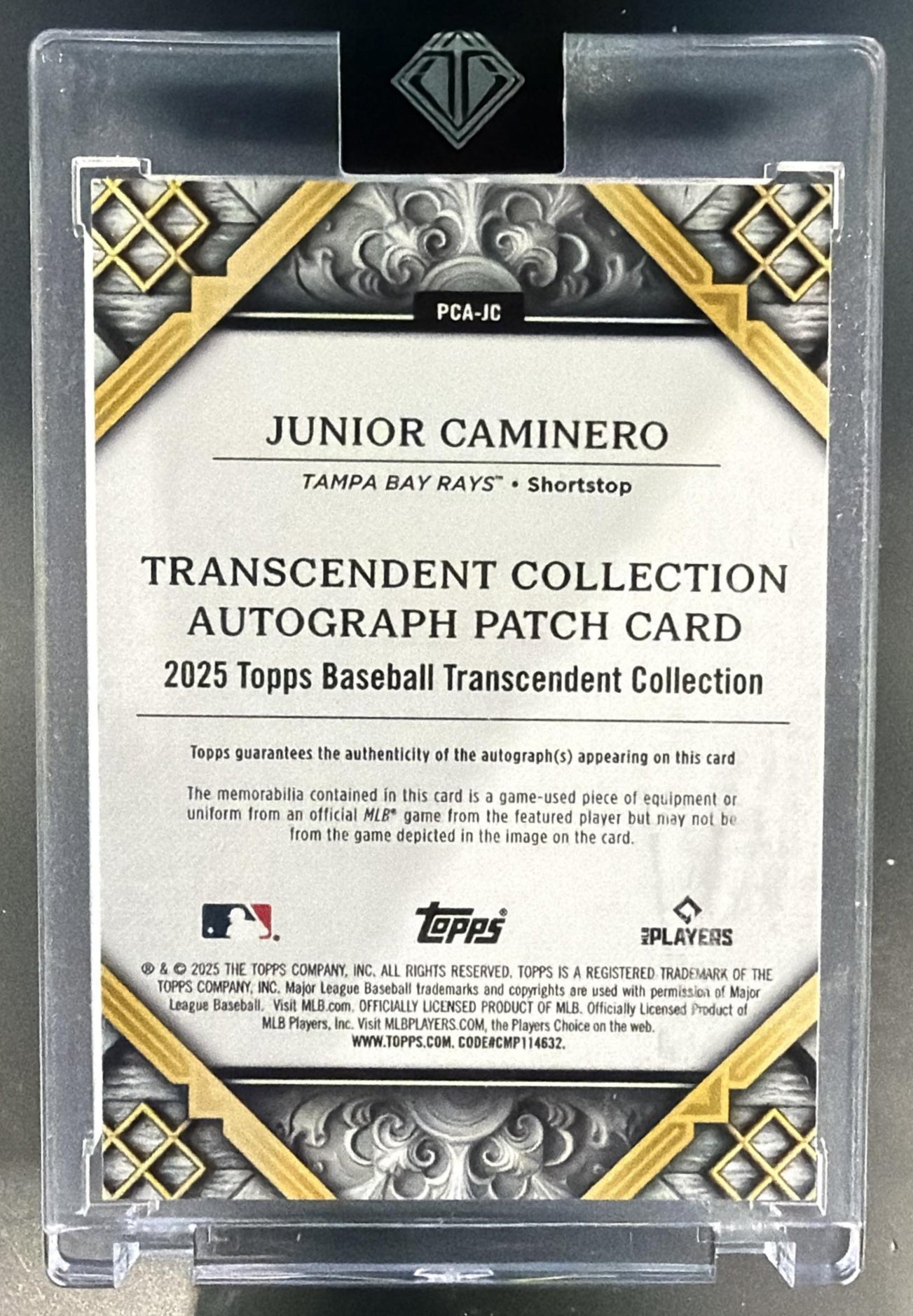 2025 Topps Transcendent Collection Junior Caminero #PCA-JC Patch Auto /25 MEM — back