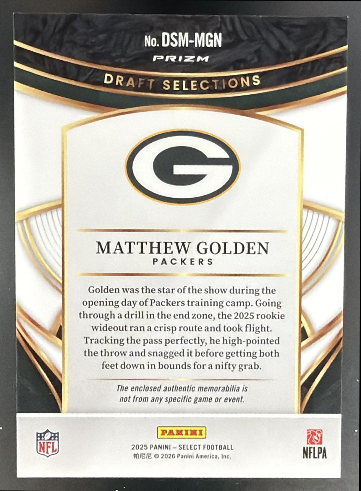 2025 Panini Select Matthew Golden Draft Selections Memorabilia Blue Prizm MEM RC — back