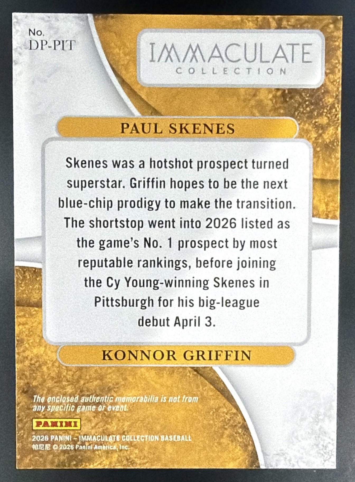 2026 Panini Immaculate Collection Paul Skenes Konnor Griffin Dual MEM /99 RC — back